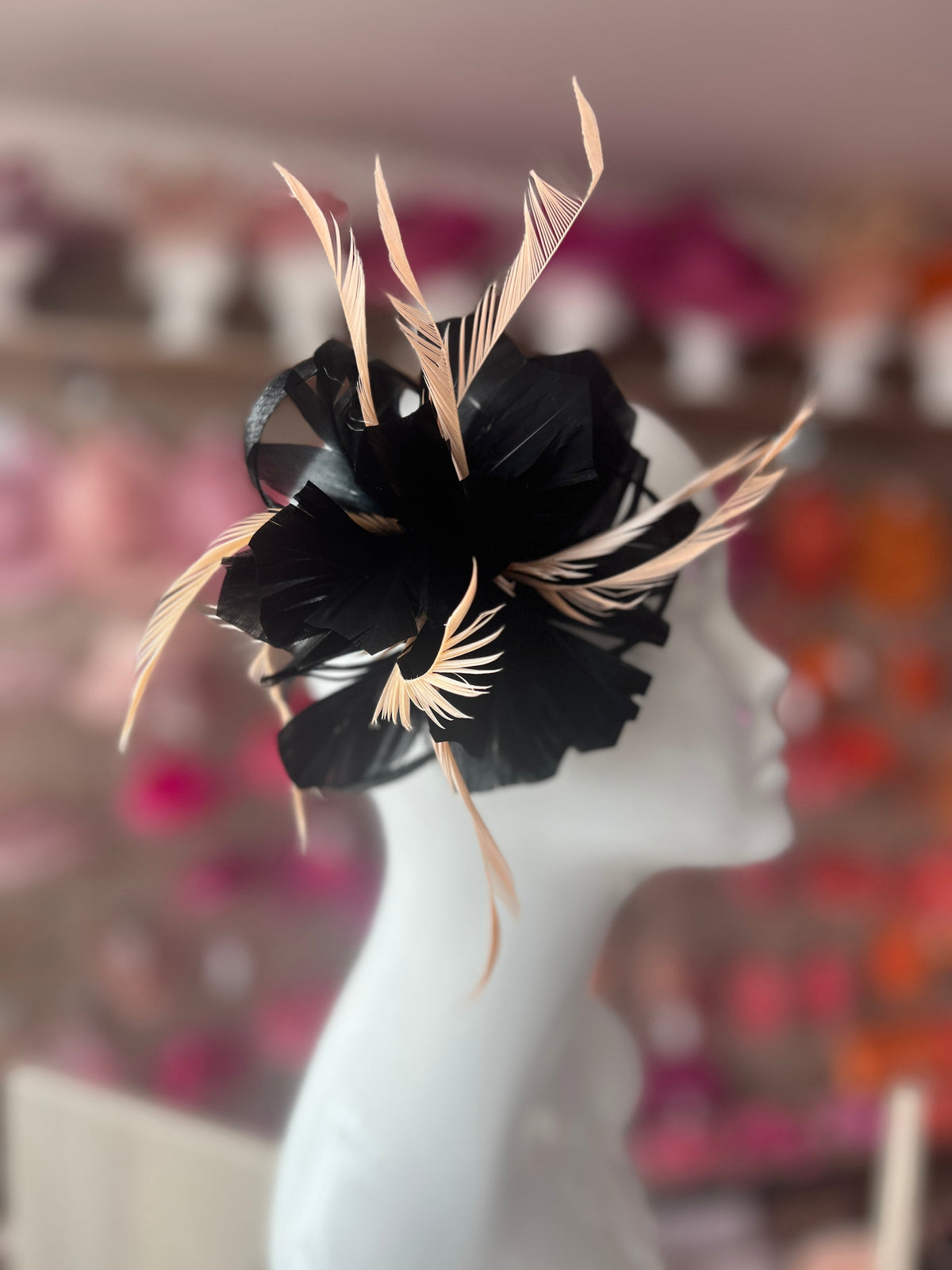 Clip On Black &amp; Nude Pink Fascinator with Loops &amp; Feather Flower-Fascinators Direct
