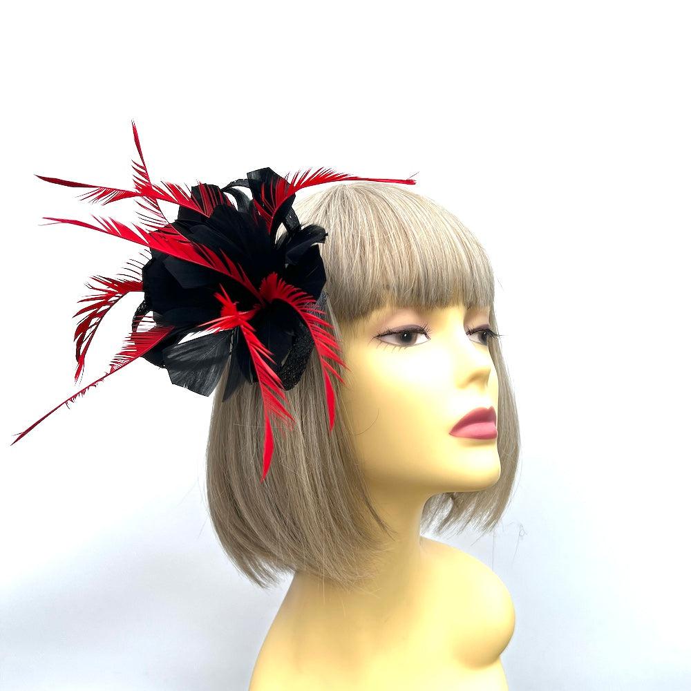 Clip On Black & Red Fascinator with Loops & Feather Flower-Fascinators Direct