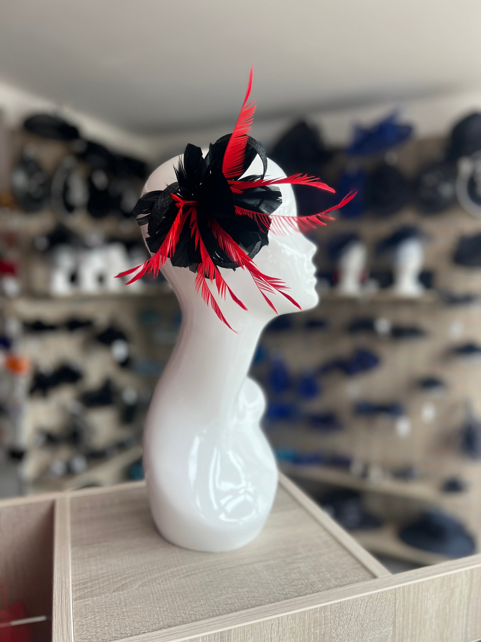 Clip On Black & Red Fascinator with Loops & Feather Flower-Fascinators Direct