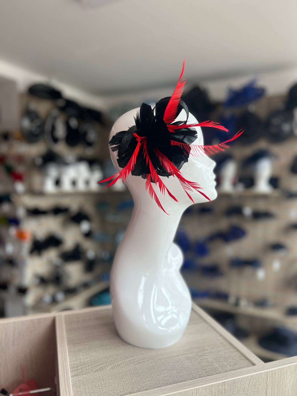Clip On Black &amp; Red Fascinator with Loops &amp; Feather Flower-Fascinators Direct