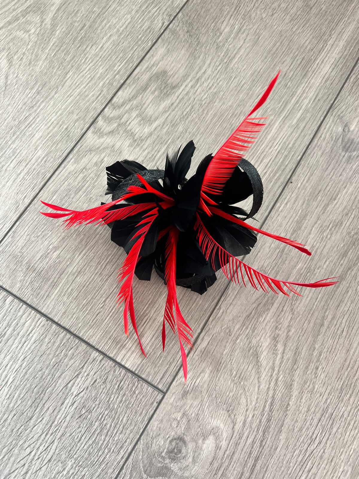 Clip On Black &amp; Red Fascinator with Loops &amp; Feather Flower-Fascinators Direct