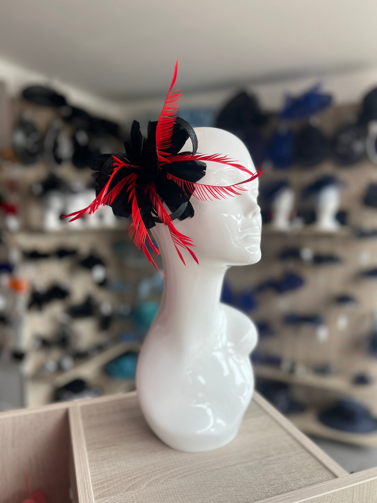 Clip On Black &amp; Red Fascinator with Loops &amp; Feather Flower-Fascinators Direct