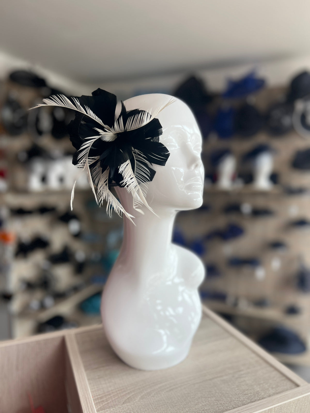 Clip On Black &amp; White Fascinator with Loops &amp; Feather Flower-Fascinators Direct
