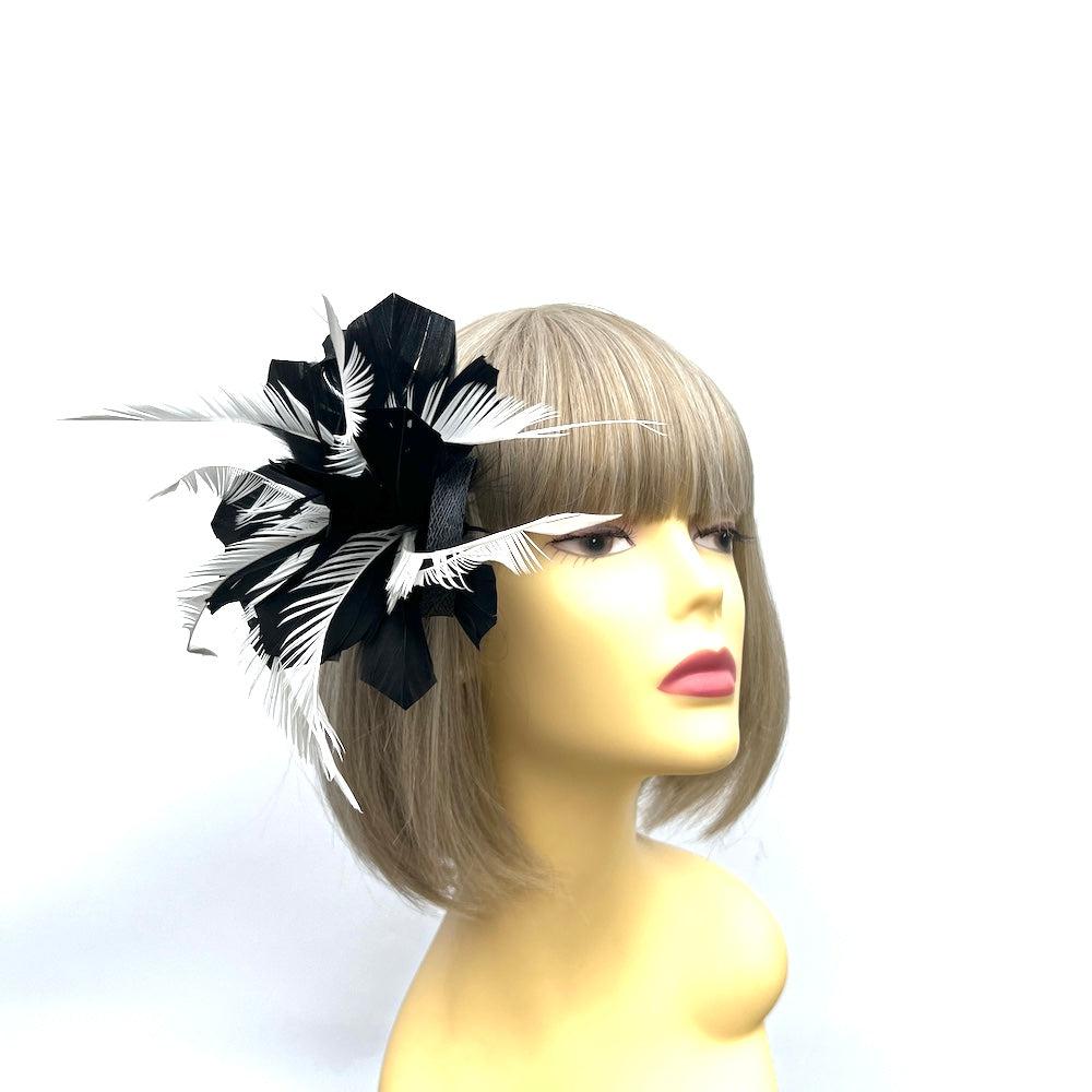Clip On Black & White Fascinator with Loops & Feather Flower-Fascinators Direct