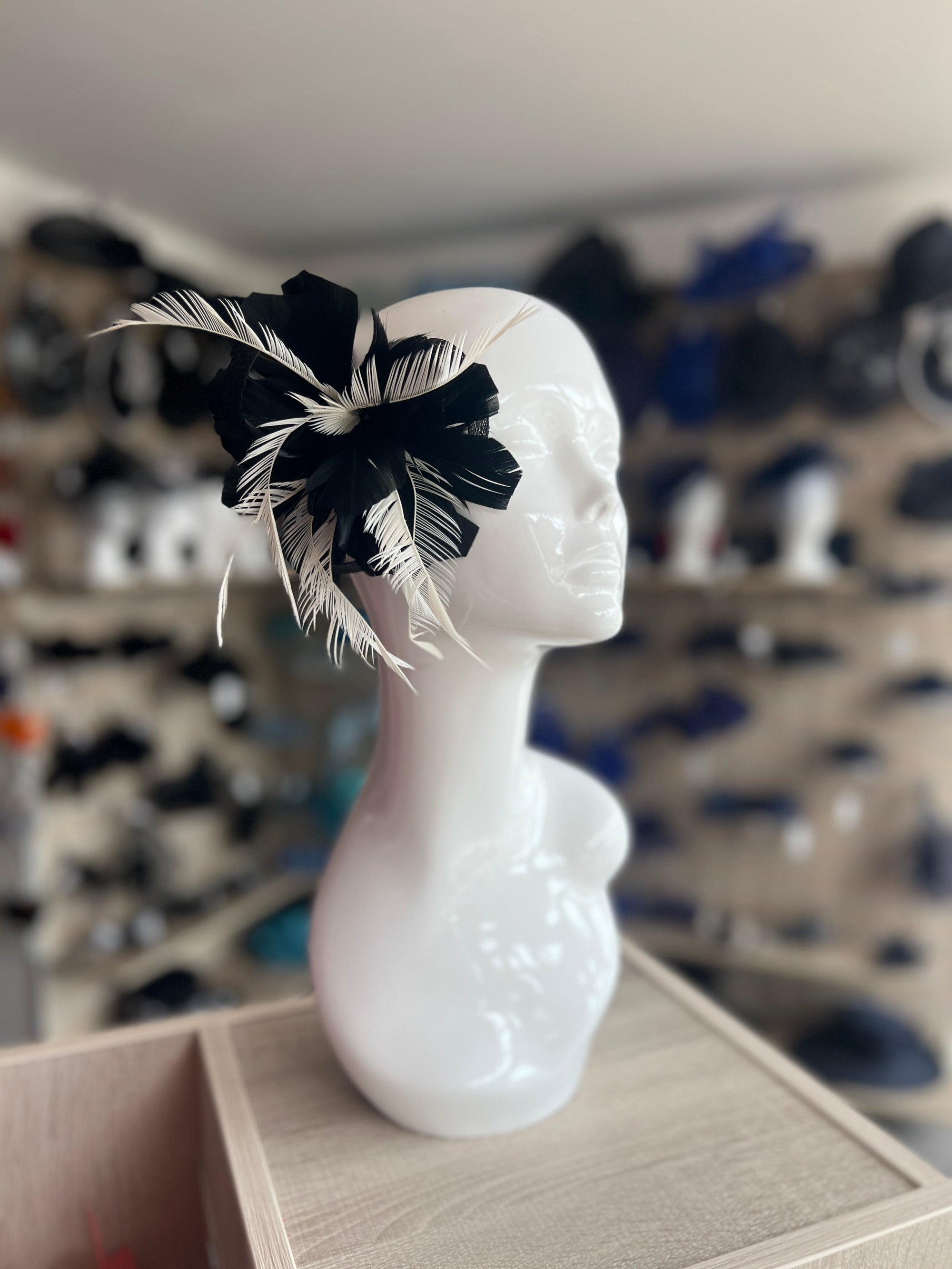 Clip On Black & White Fascinator with Loops & Feather Flower-Fascinators Direct