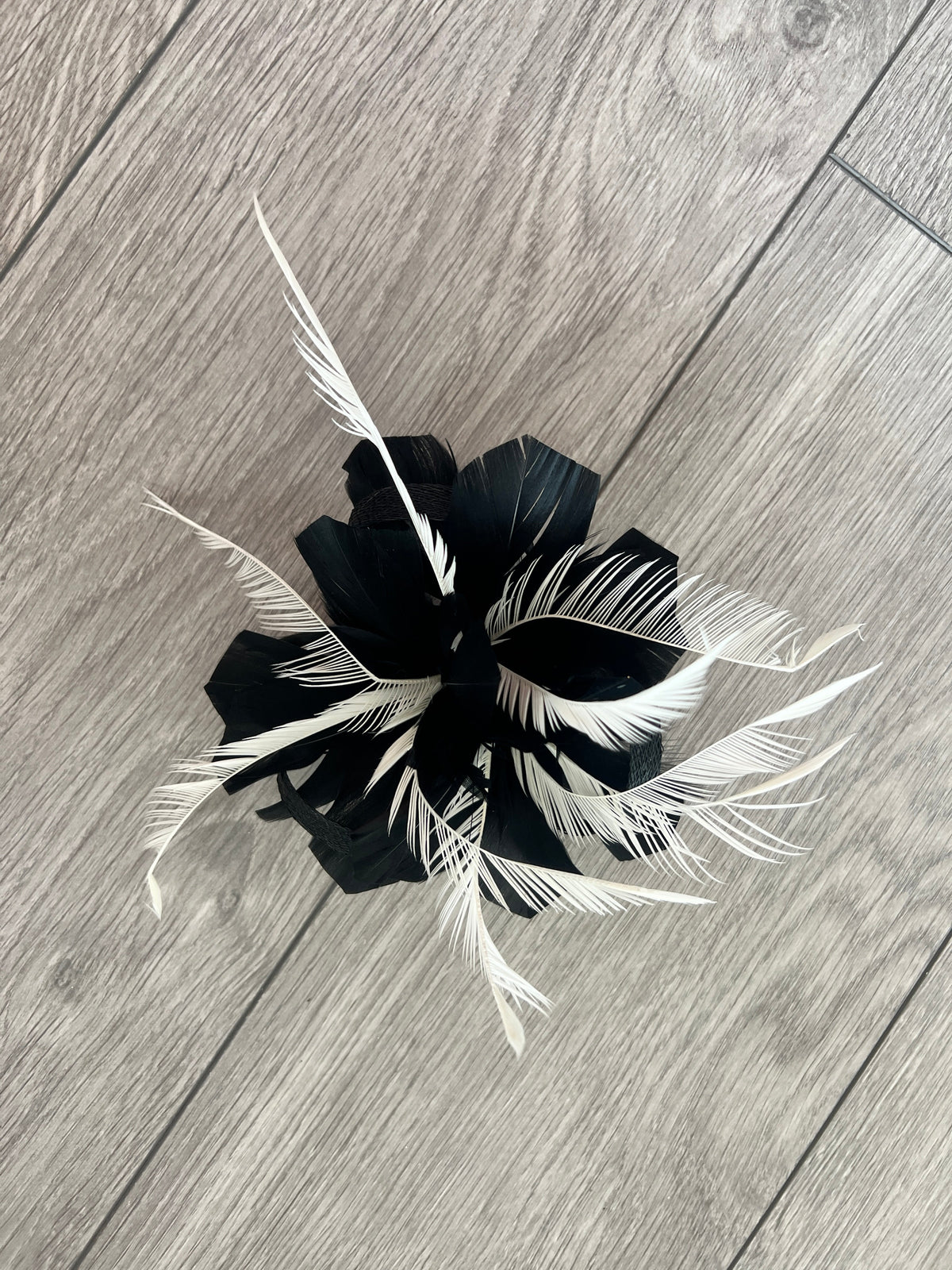 Clip On Black &amp; White Fascinator with Loops &amp; Feather Flower-Fascinators Direct