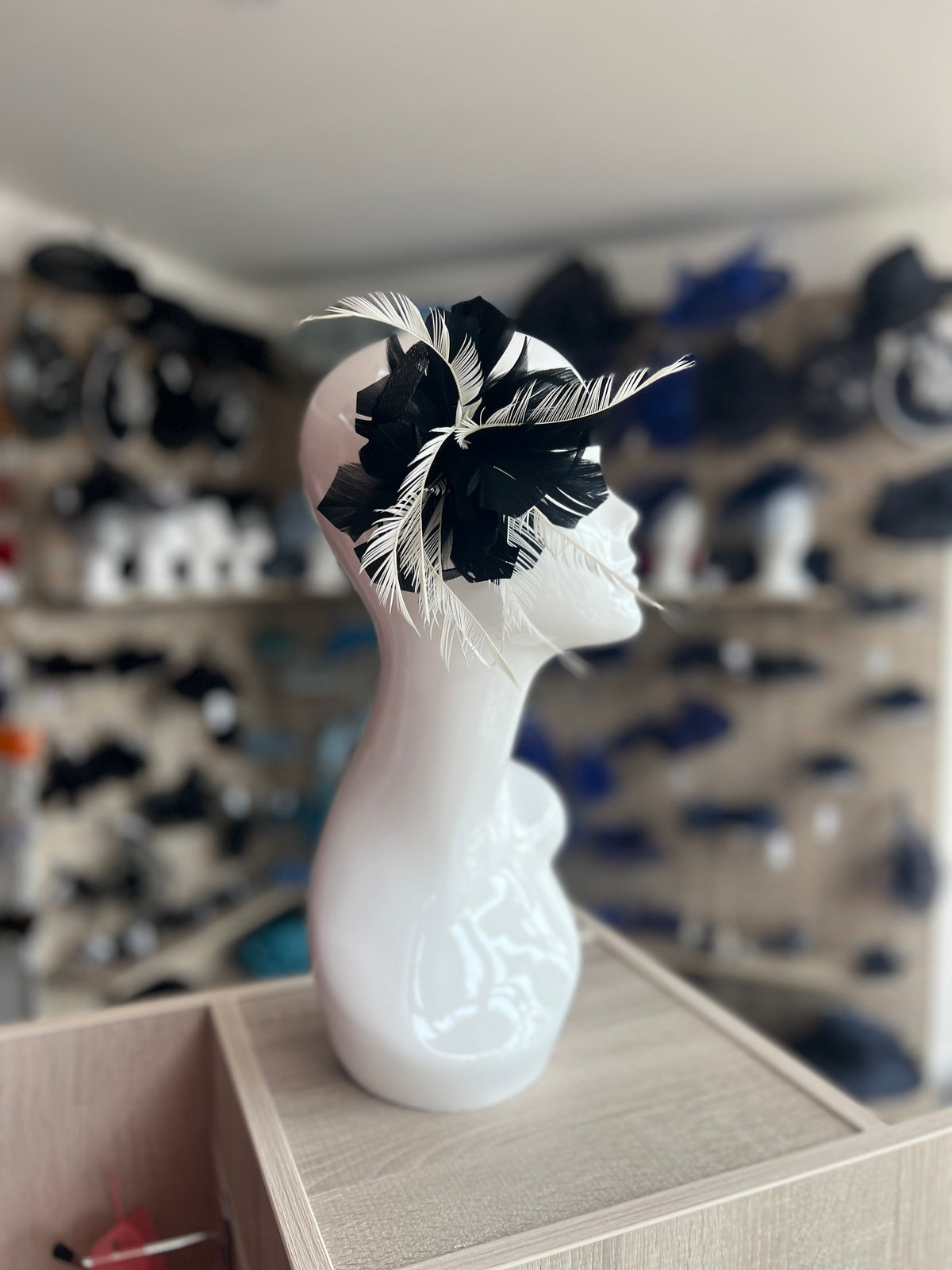 Clip On Black &amp; White Fascinator with Loops &amp; Feather Flower-Fascinators Direct