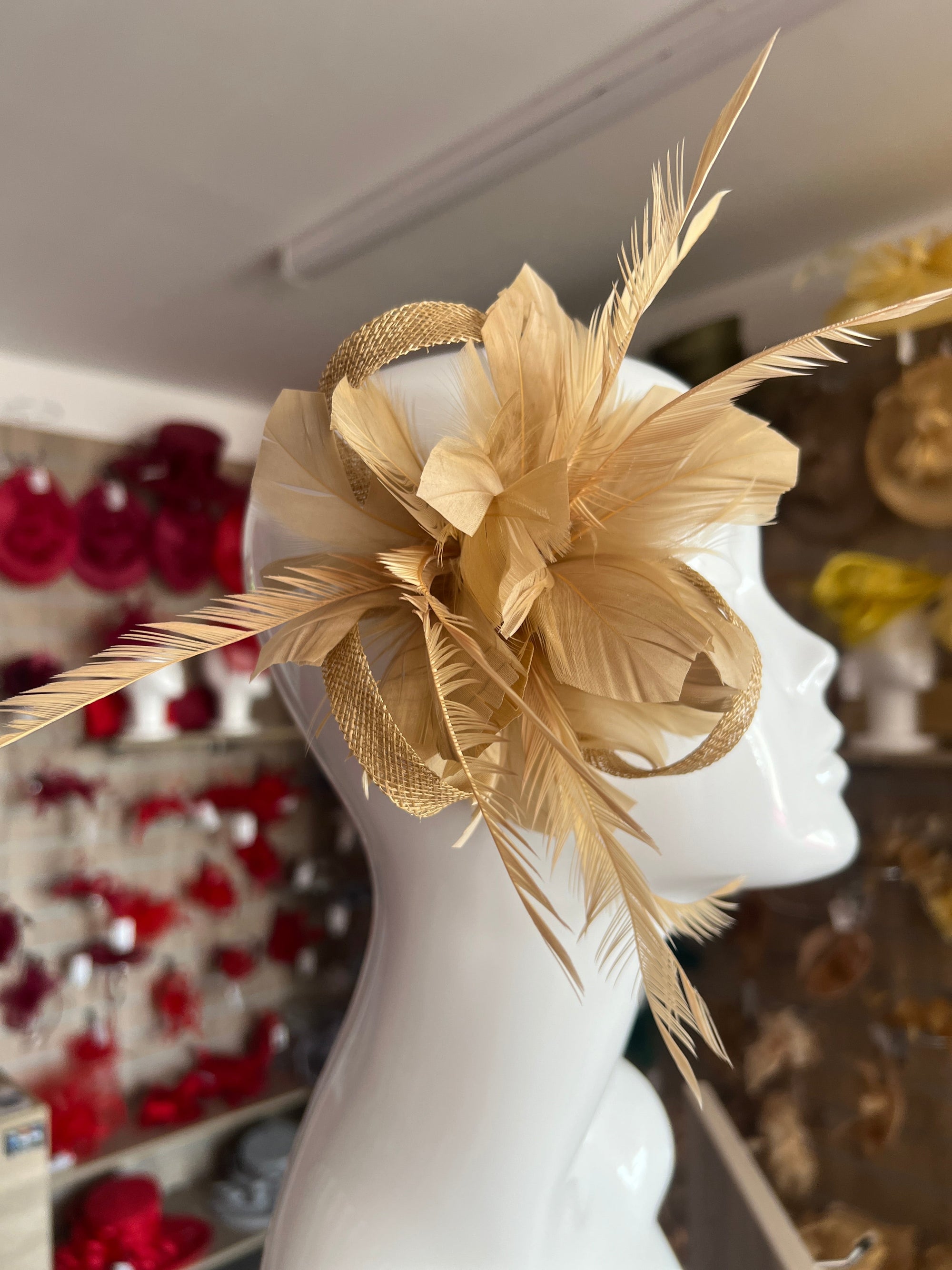 Clip On Gold Fascinator with Loops & Feather Flower-Fascinators Direct