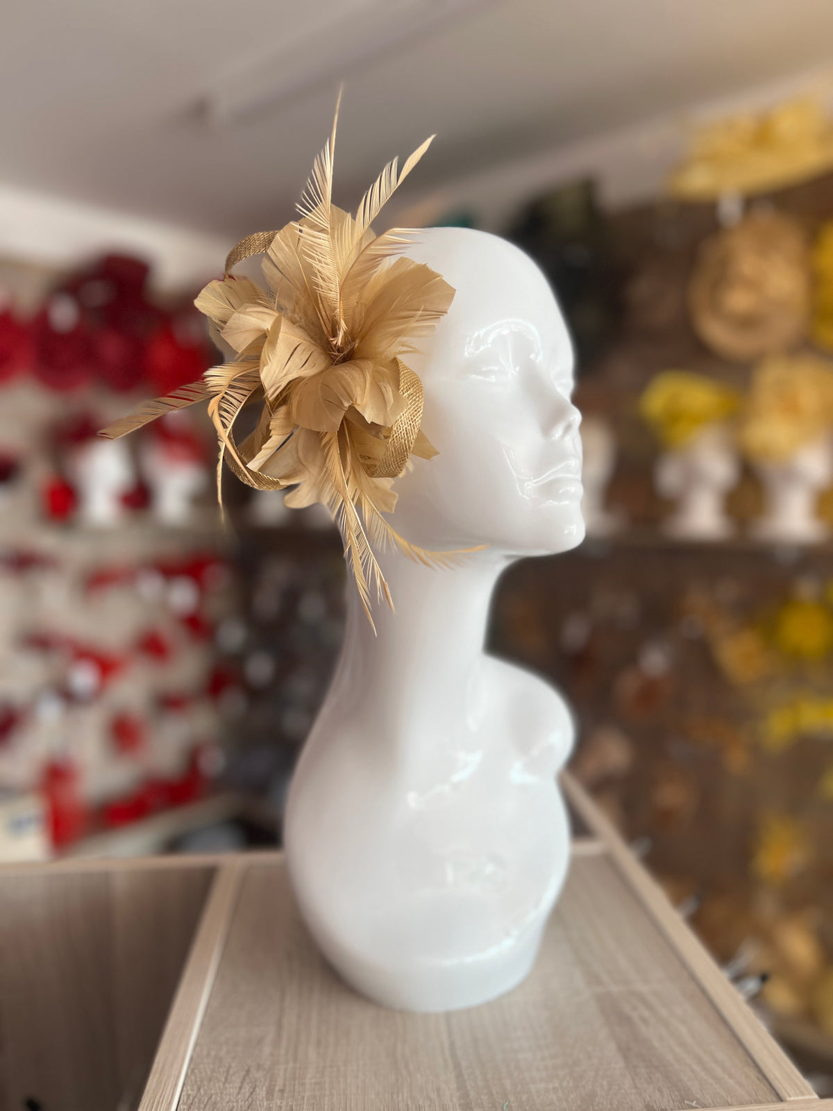 Clip On Gold Fascinator with Loops &amp; Feather Flower-Fascinators Direct