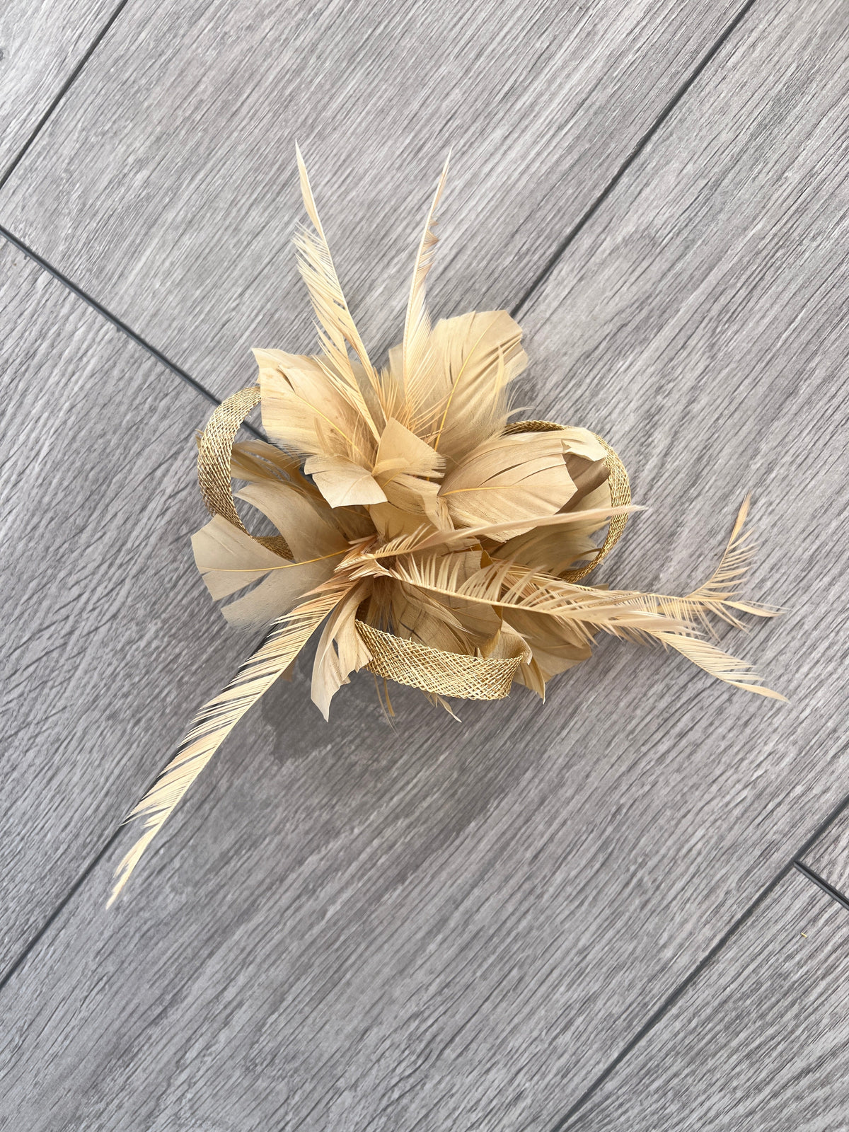 Clip On Gold Fascinator with Loops &amp; Feather Flower-Fascinators Direct