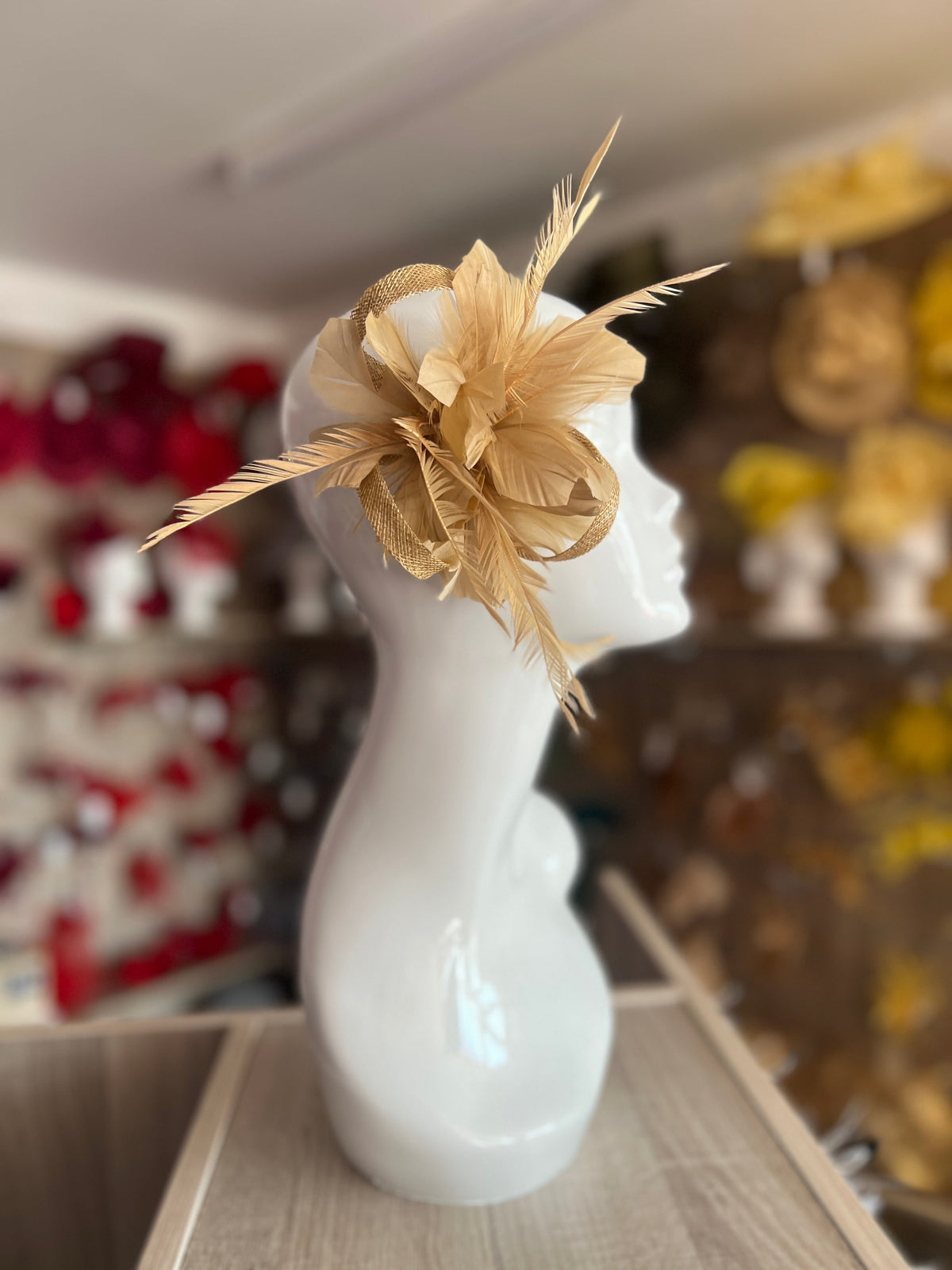 Clip On Gold Fascinator with Loops &amp; Feather Flower-Fascinators Direct