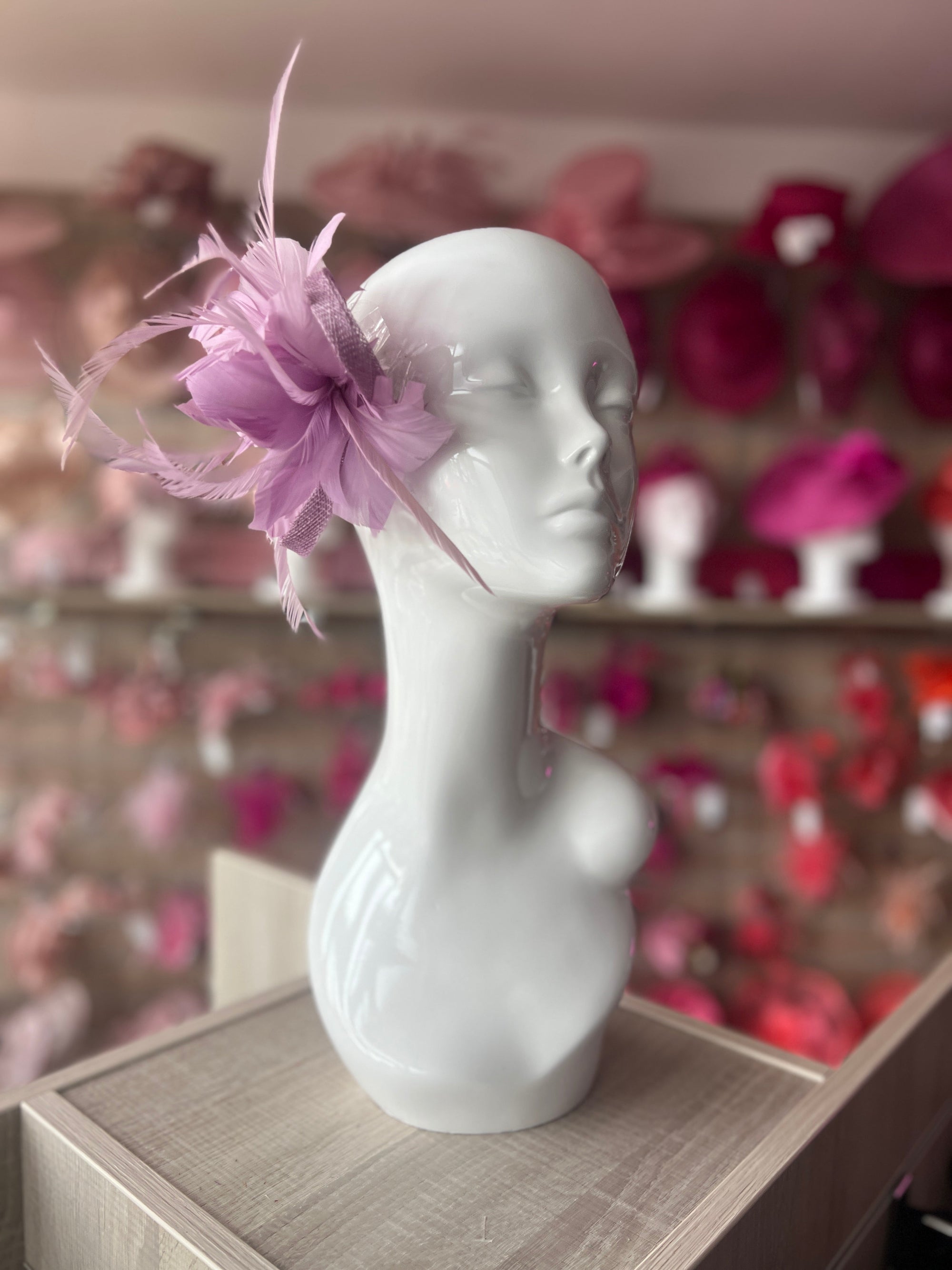 Clip On Lavender Fascinator with Loops & Feather Flower-Fascinators Direct