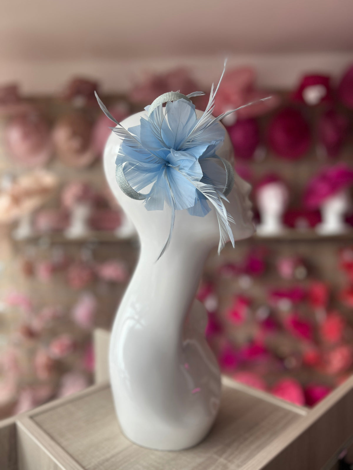 Clip On Light Blue Fascinator with Loops &amp; Feather Flower-Fascinators Direct