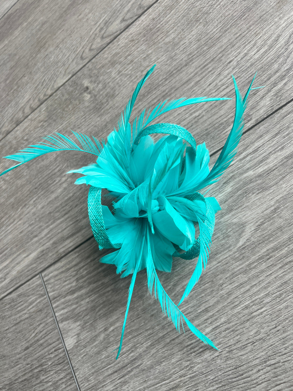 Clip On Light Turquoise Fascinator with Loops &amp; Feather Flower-Fascinators Direct