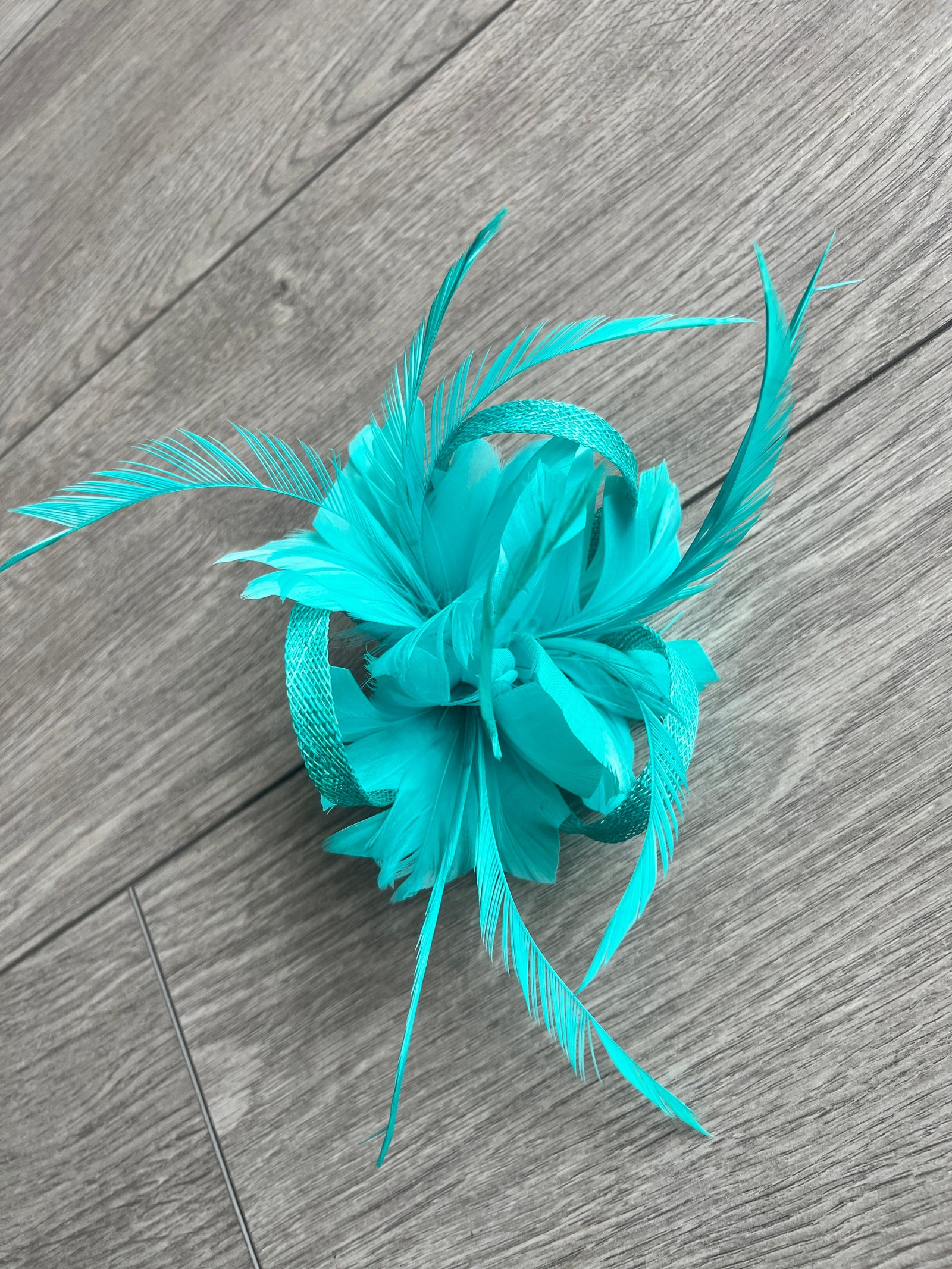 Clip On Light Turquoise Fascinator with Loops & Feather Flower-Fascinators Direct