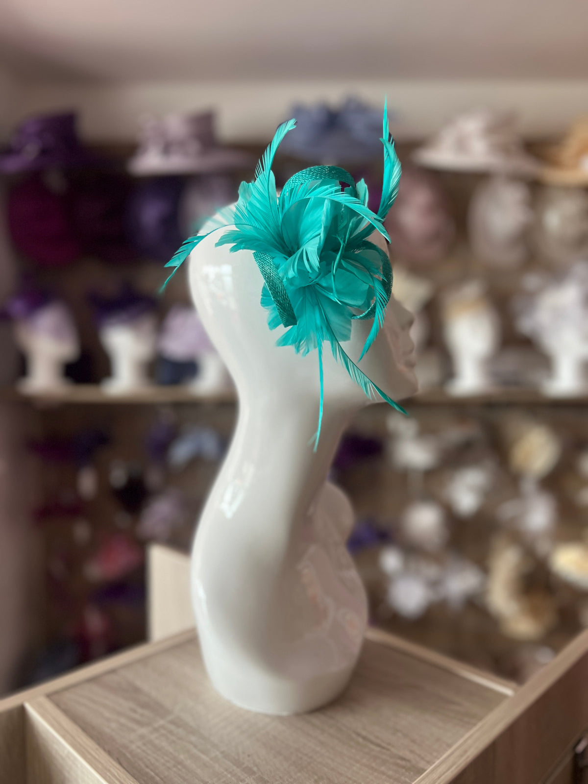 Clip On Light Turquoise Fascinator with Loops &amp; Feather Flower-Fascinators Direct