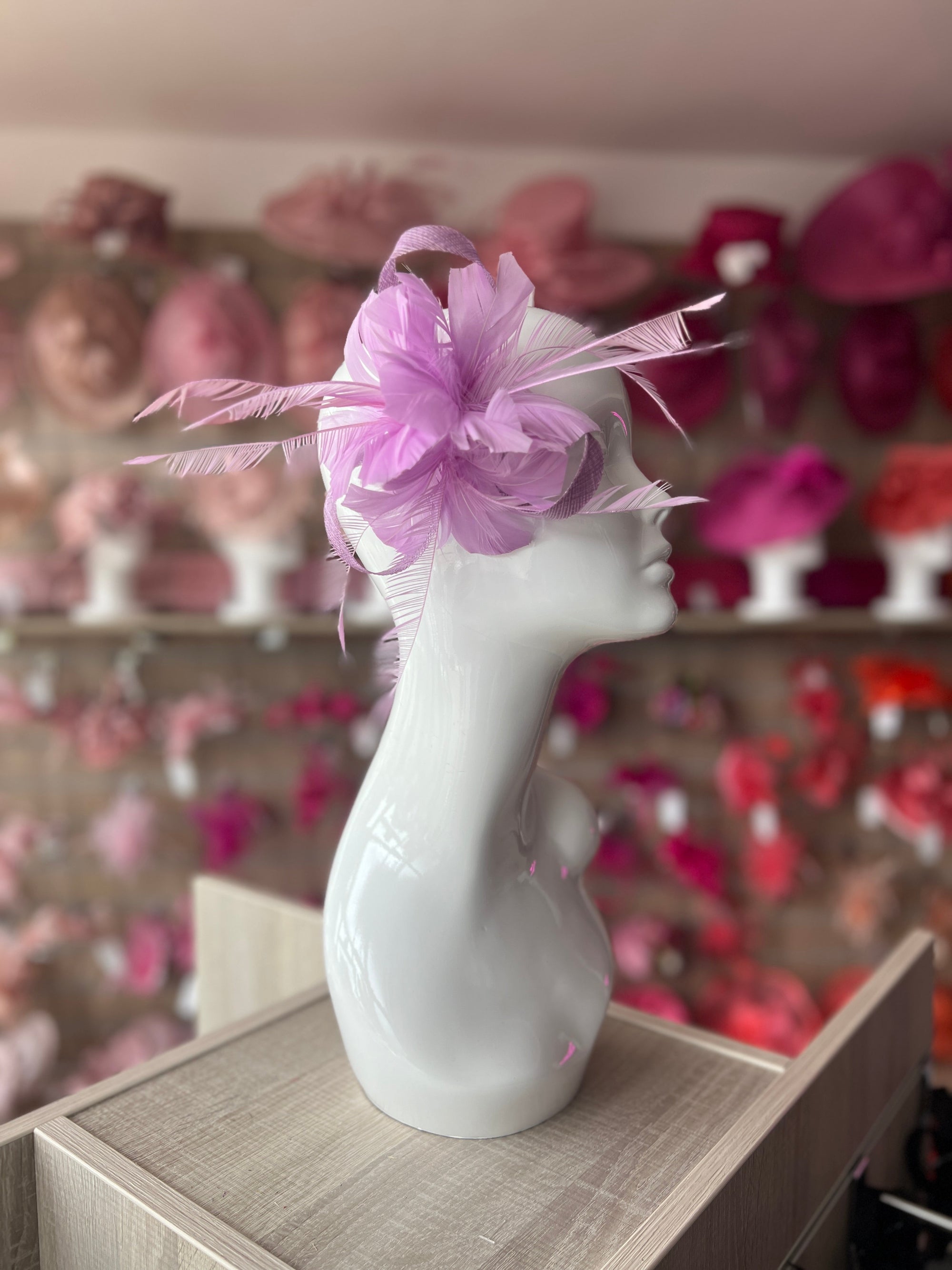 Clip On Lilac Fascinator with Loops & Feather Flower-Fascinators Direct