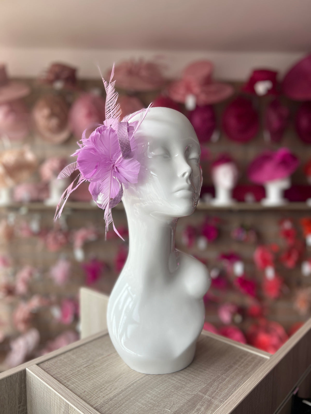 Clip On Lilac Fascinator with Loops &amp; Feather Flower-Fascinators Direct