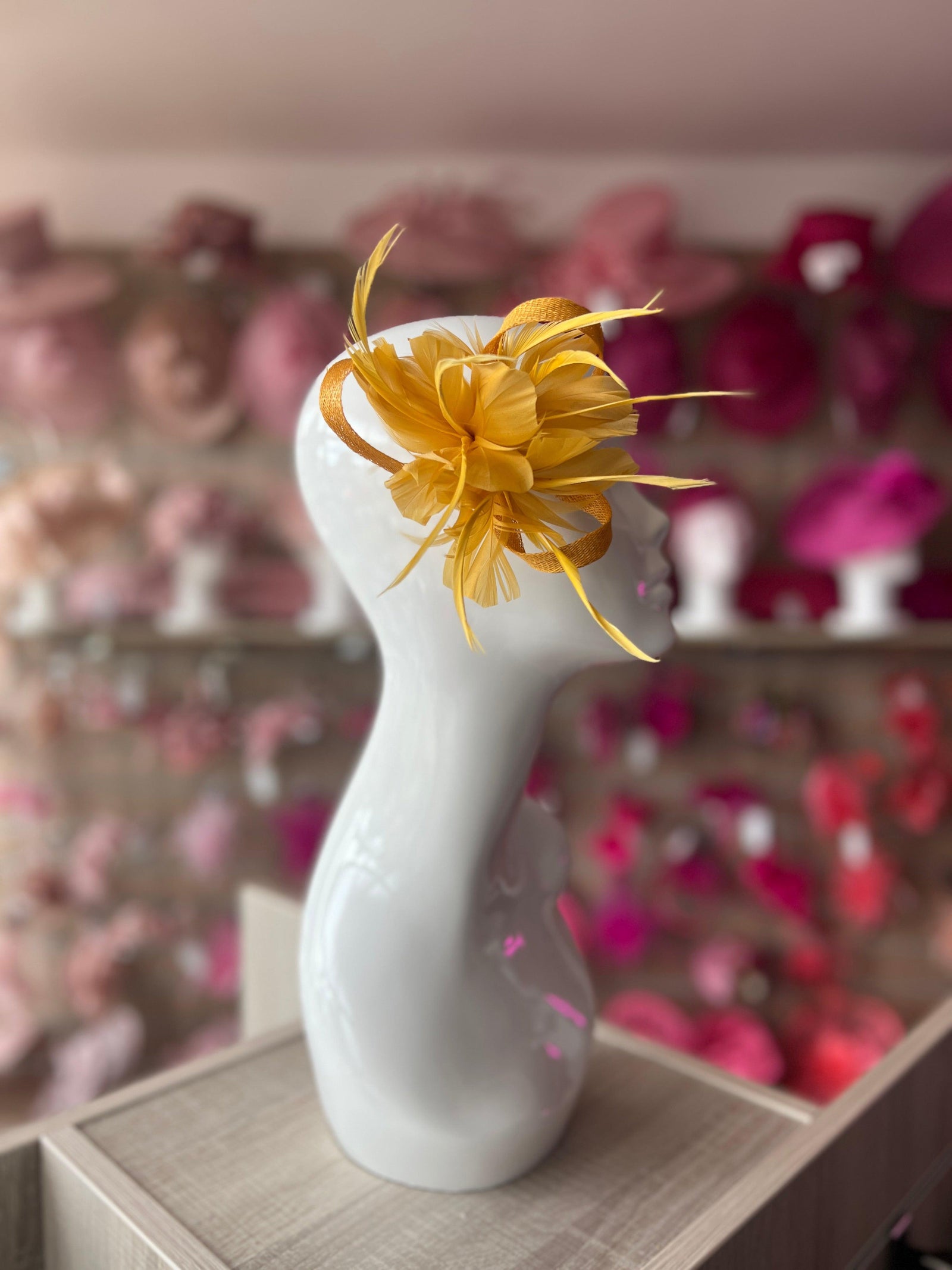 Clip On Mustard Fascinator with Loops & Feather Flower-Fascinators Direct