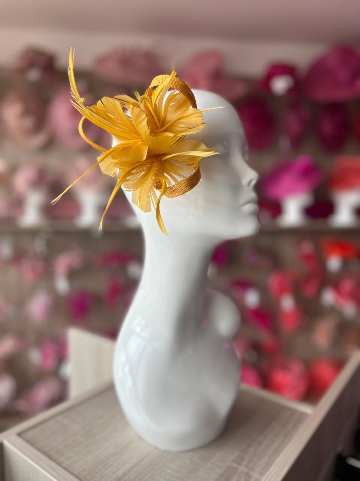 Clip On Mustard Fascinator with Loops &amp; Feather Flower-Fascinators Direct