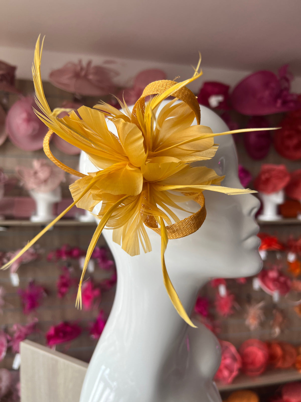 Clip On Mustard Fascinator with Loops &amp; Feather Flower-Fascinators Direct