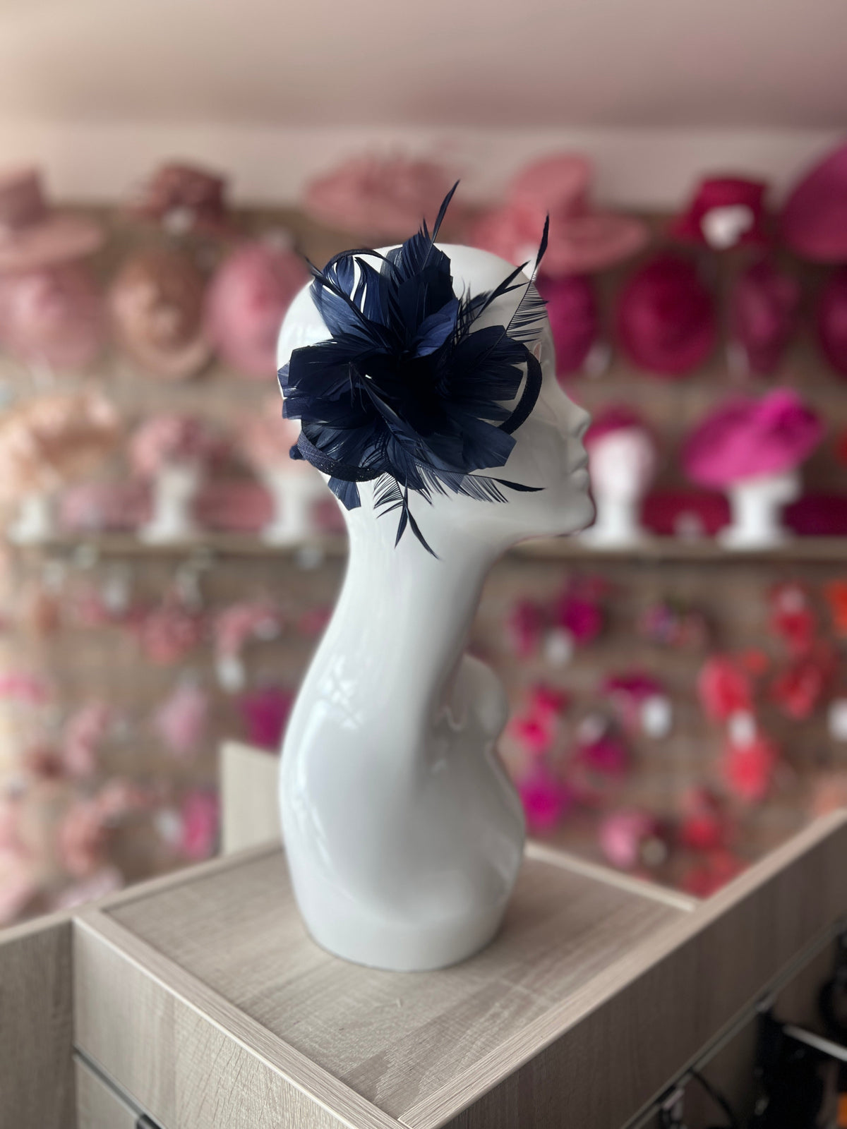 Clip On Navy Fascinator with Loops &amp; Feather Flower-Fascinators Direct