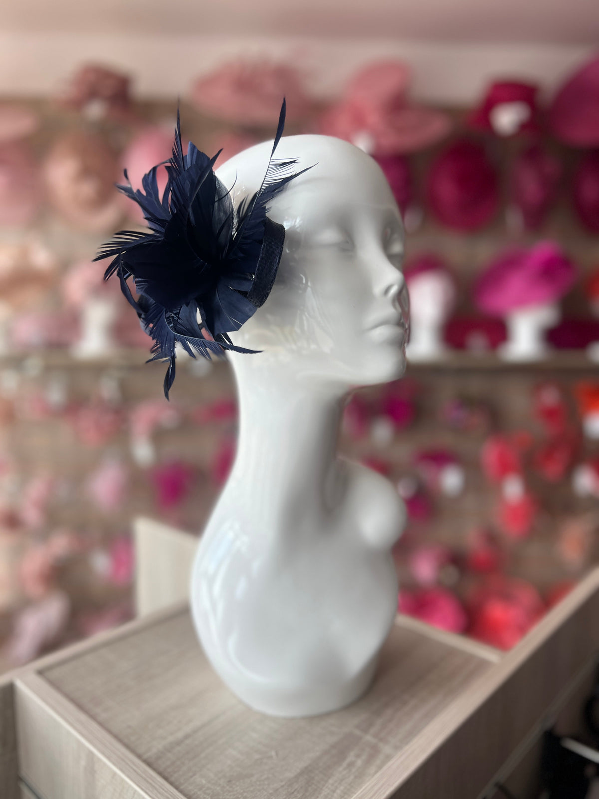Clip On Navy Fascinator with Loops &amp; Feather Flower-Fascinators Direct