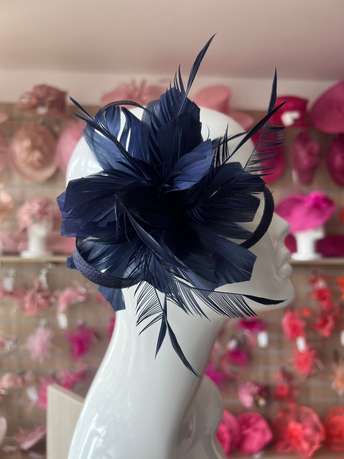 Clip On Navy Fascinator with Loops &amp; Feather Flower-Fascinators Direct