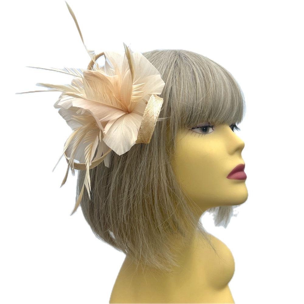 Clip On Nude Fascinator with Loops & Feather Flower-Fascinators Direct