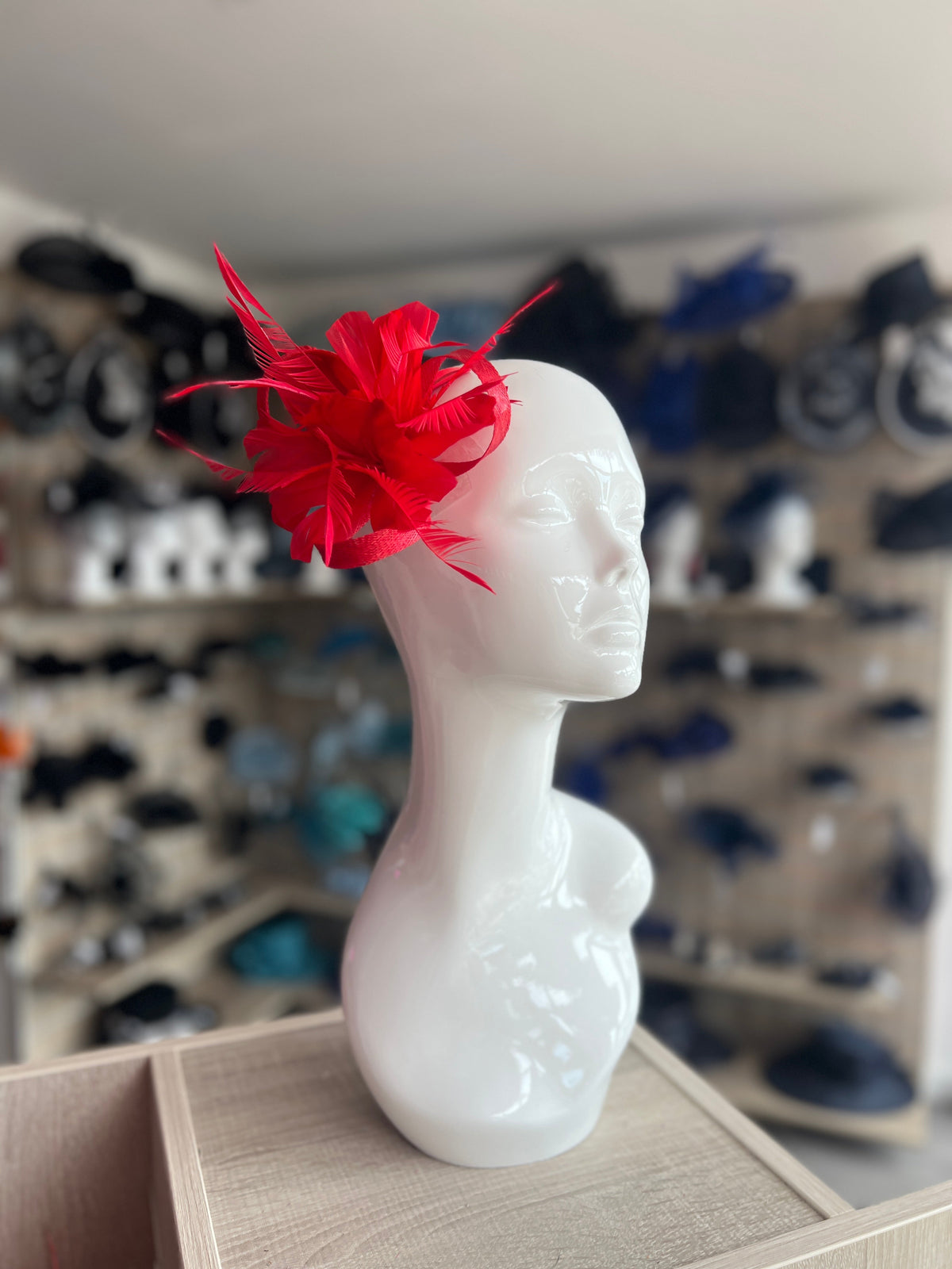 Clip On Red Fascinator with Loops &amp; Feather Flower-Fascinators Direct