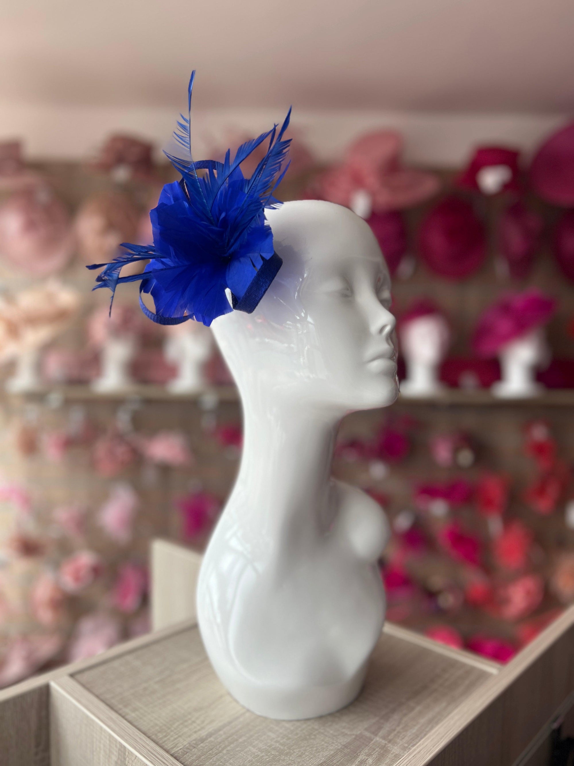 Clip On Royal Blue Fascinator with Loops & Feather Flower-Fascinators Direct