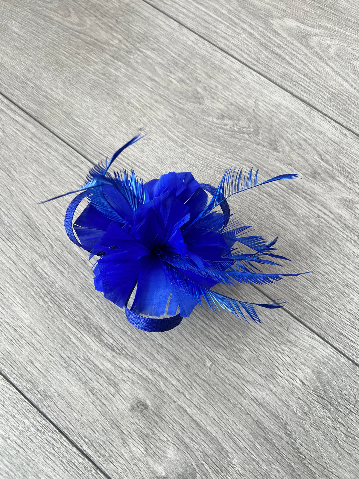 Clip On Royal Blue Fascinator with Loops &amp; Feather Flower-Fascinators Direct