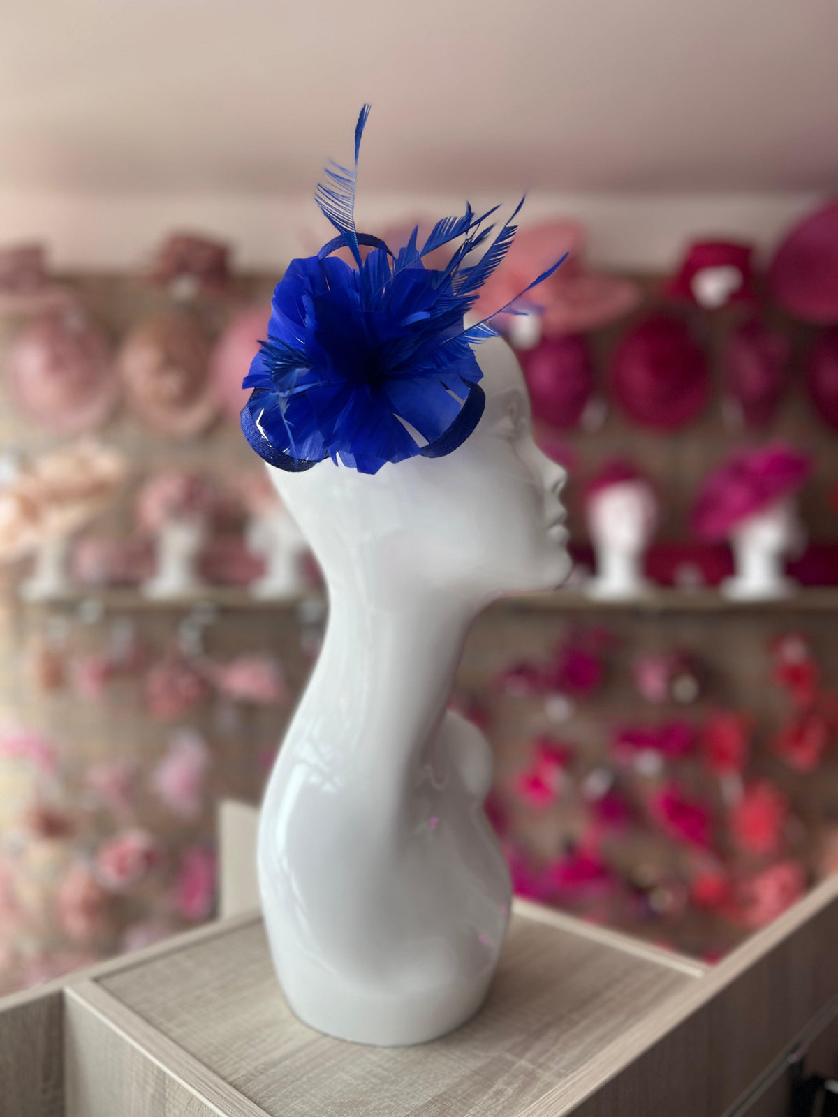 Clip On Royal Blue Fascinator with Loops &amp; Feather Flower-Fascinators Direct
