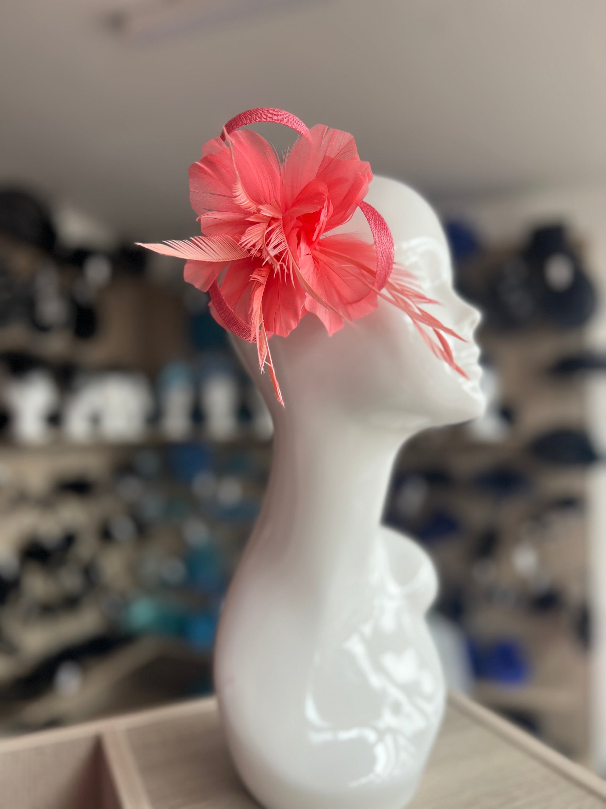 Clip On Salmon Fascinator with Loops & Feather Flower-Fascinators Direct