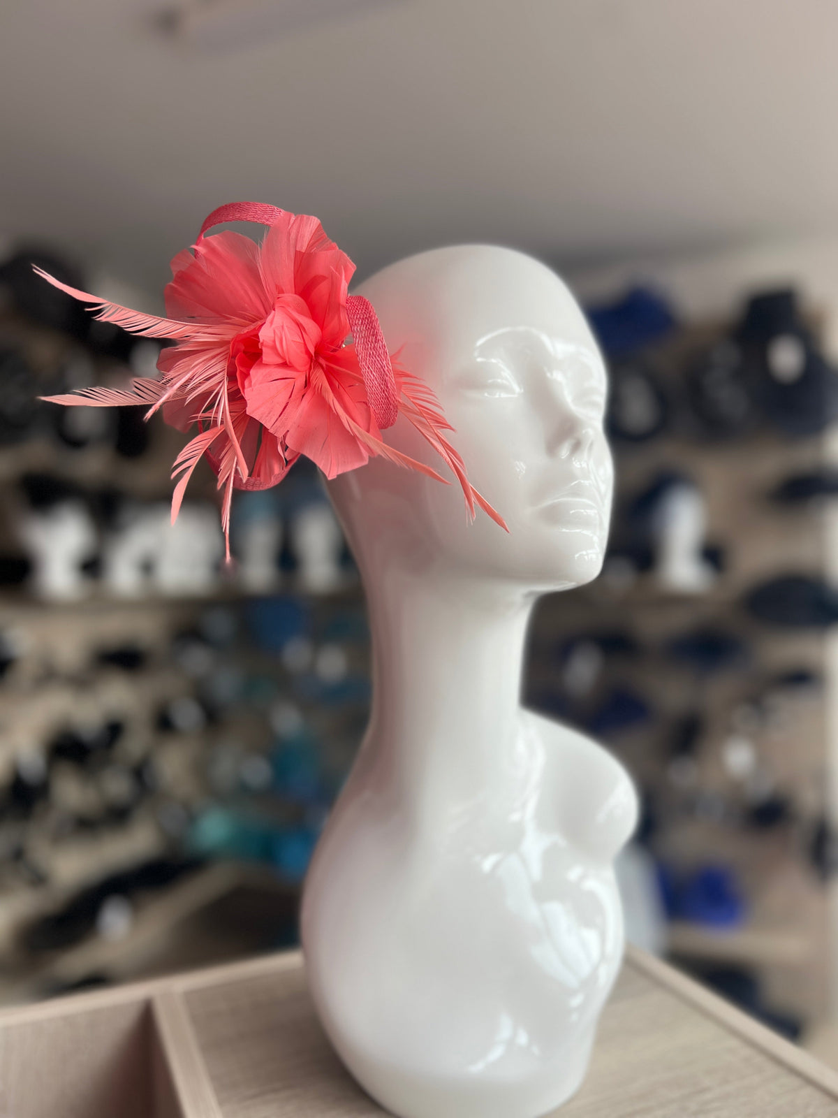 Clip On Salmon Fascinator with Loops &amp; Feather Flower-Fascinators Direct