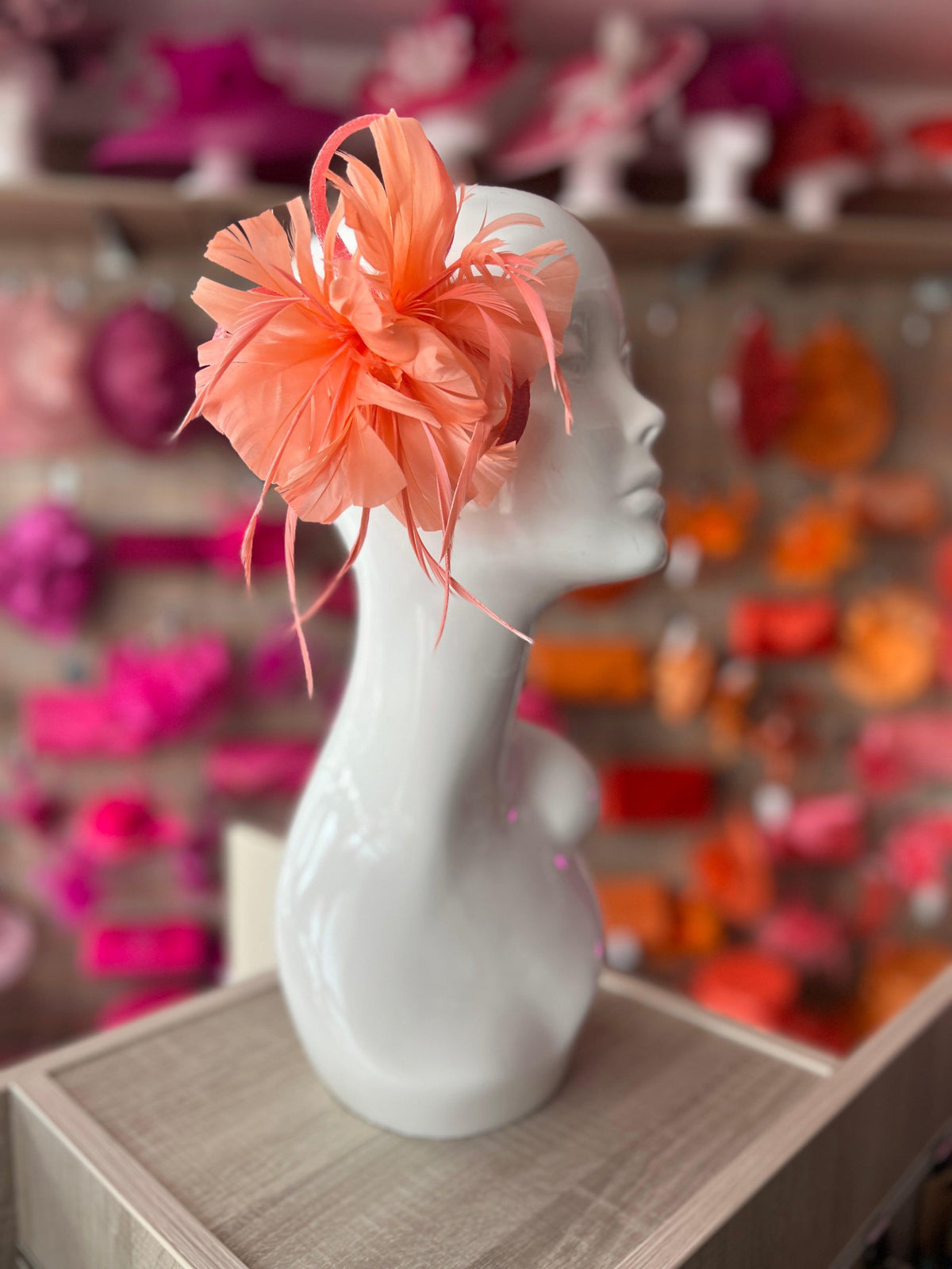 Clip On Salmon Fascinator with Loops &amp; Feather Flower-Fascinators Direct