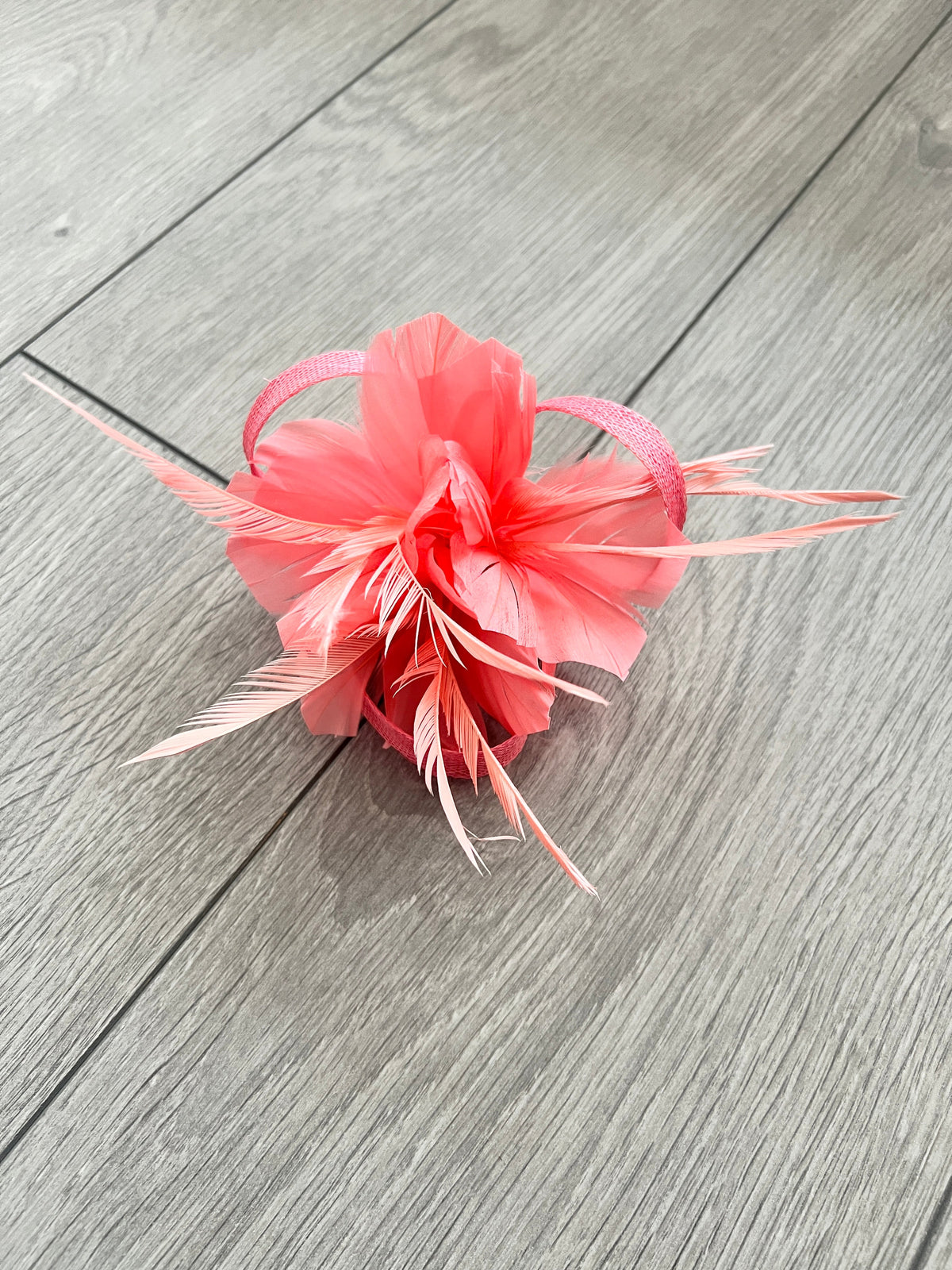 Clip On Salmon Fascinator with Loops &amp; Feather Flower-Fascinators Direct