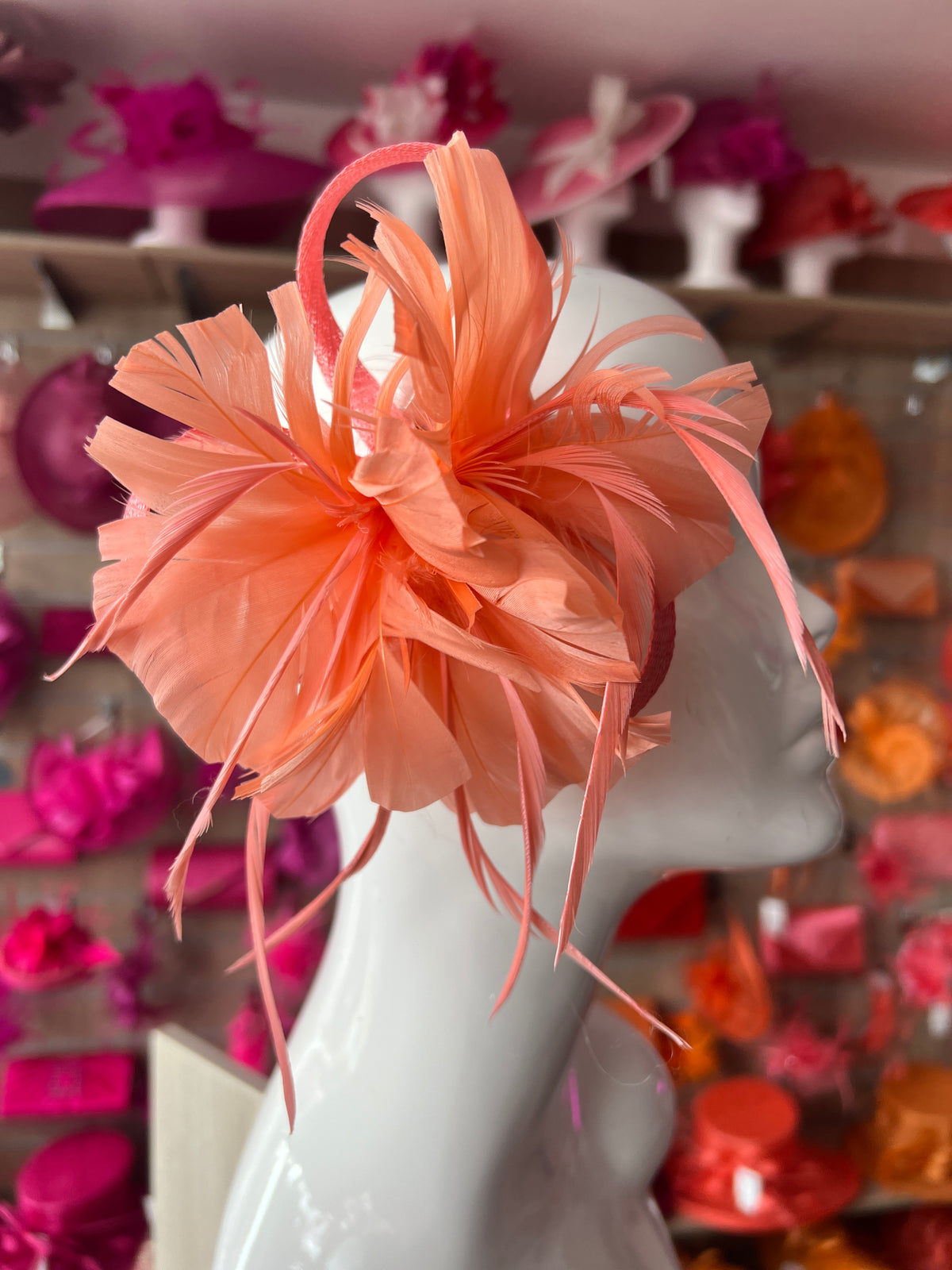 Clip On Salmon Fascinator with Loops &amp; Feather Flower-Fascinators Direct