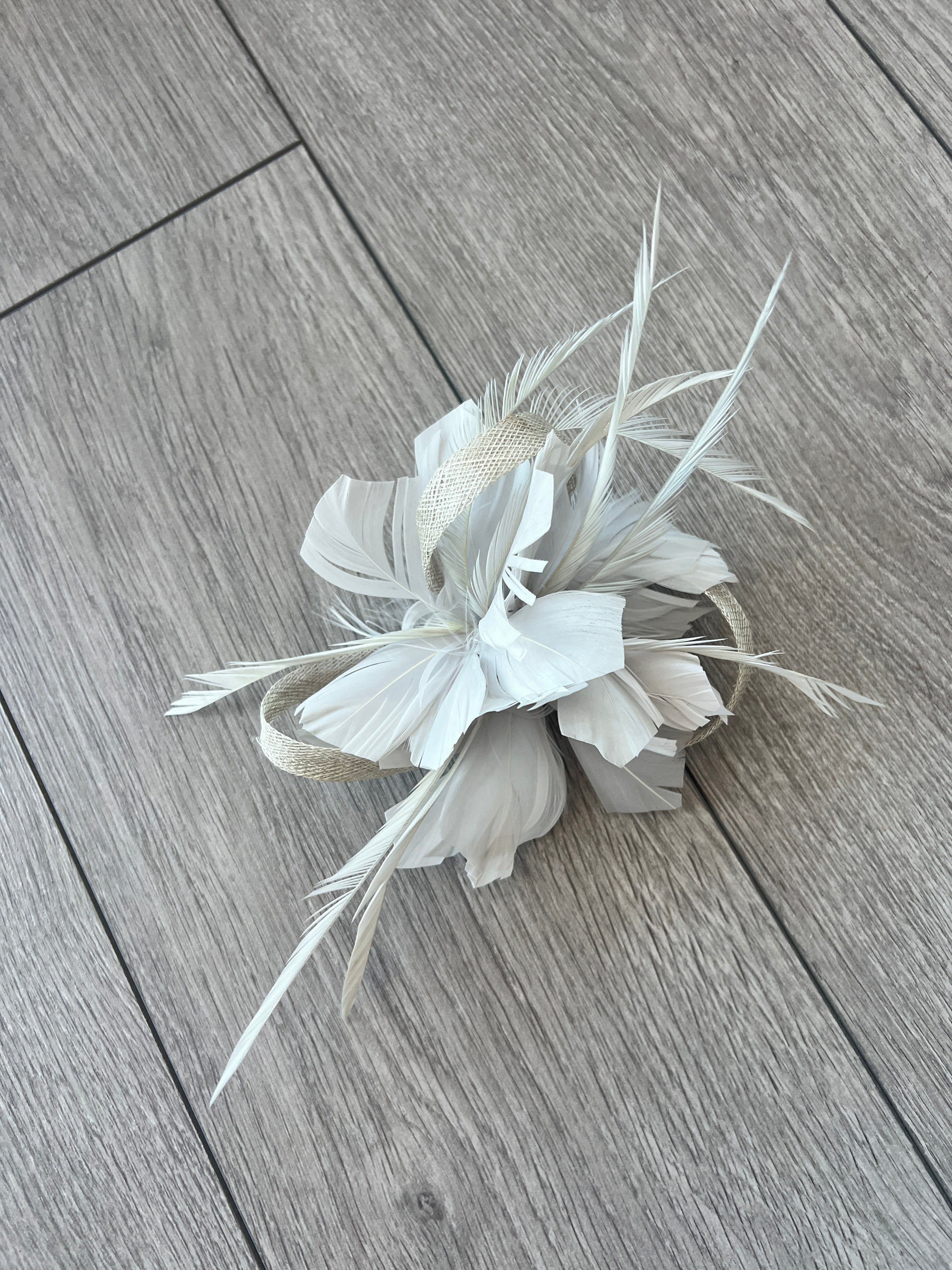 Clip On Light Grey Silver Fascinator with Loops Feather Flower