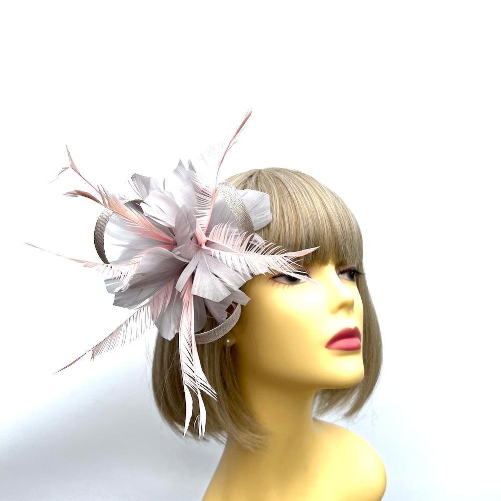 Clip On Silver & Pink Fascinator with Loops & Feather Flower-Fascinators Direct
