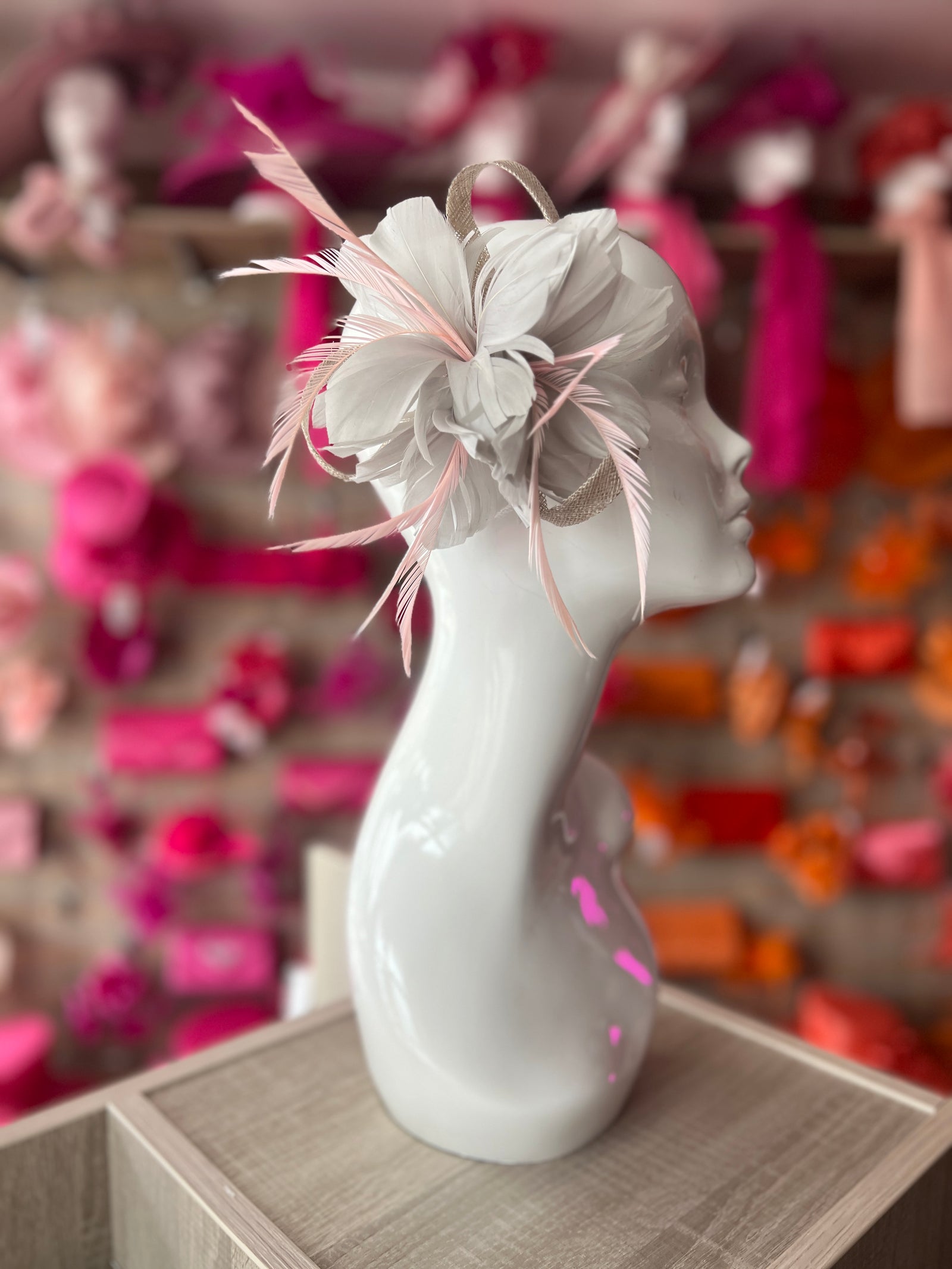 Clip On Silver & Pink Fascinator with Loops & Feather Flower-Fascinators Direct