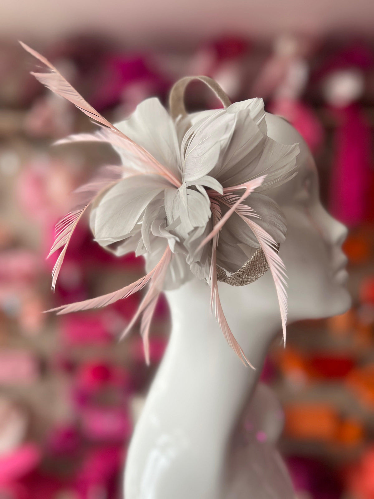Clip On Silver &amp; Pink Fascinator with Loops &amp; Feather Flower-Fascinators Direct