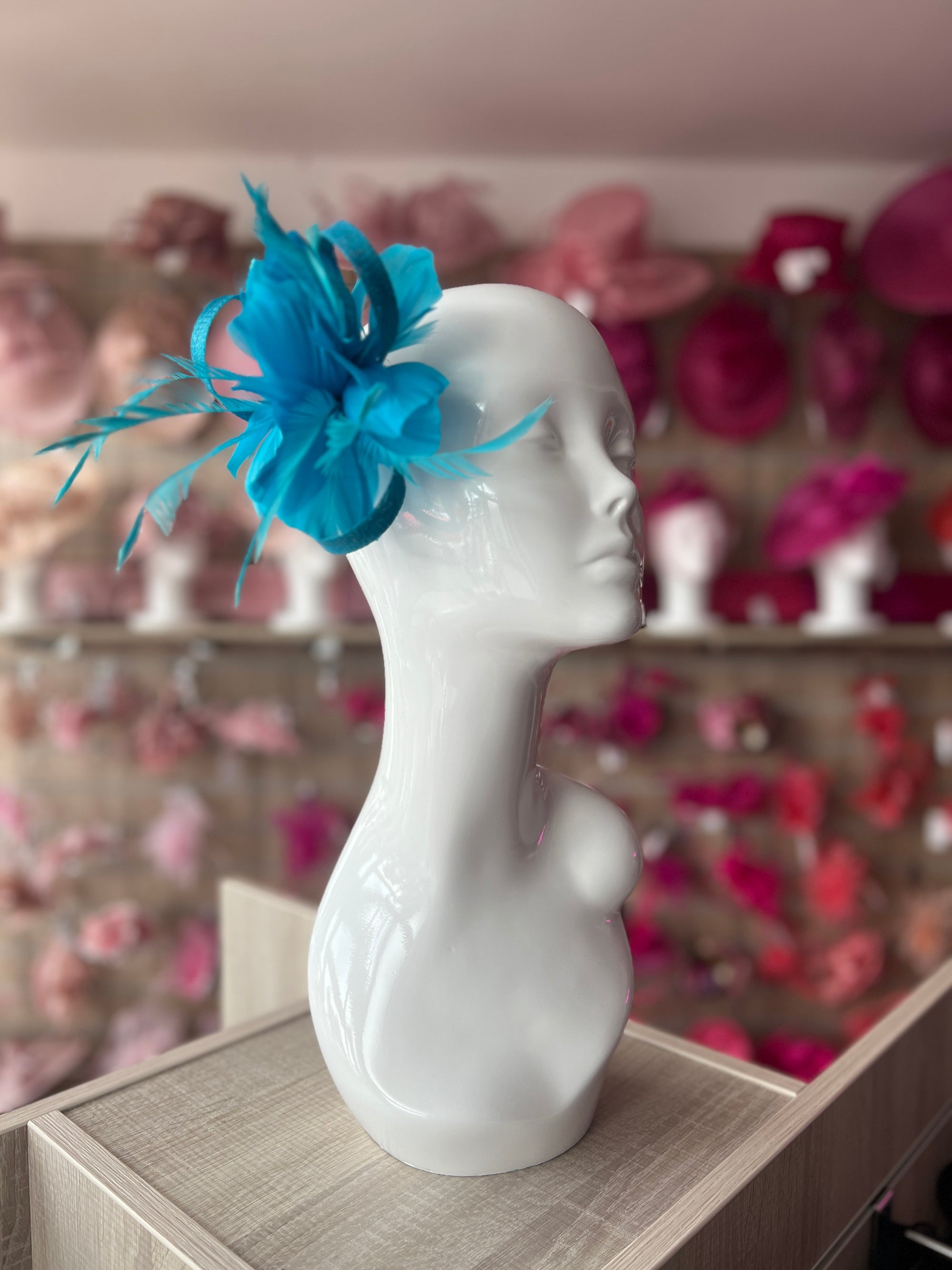 Clip On Turquoise Fascinator with Loops & Feather Flower-Fascinators Direct