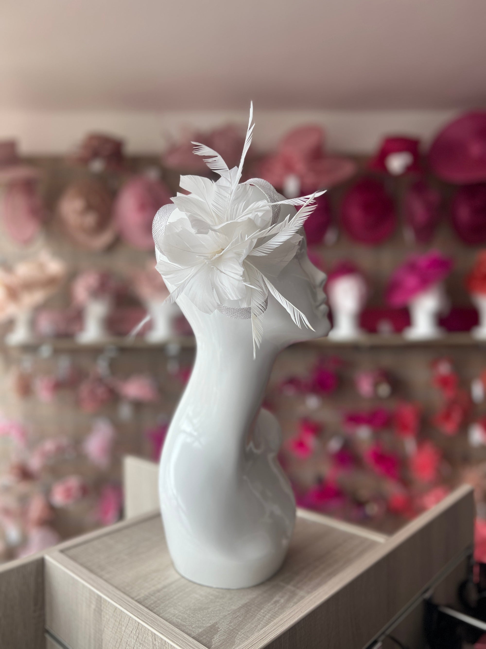 Clip On White Fascinator with Loops & Feather Flower-Fascinators Direct