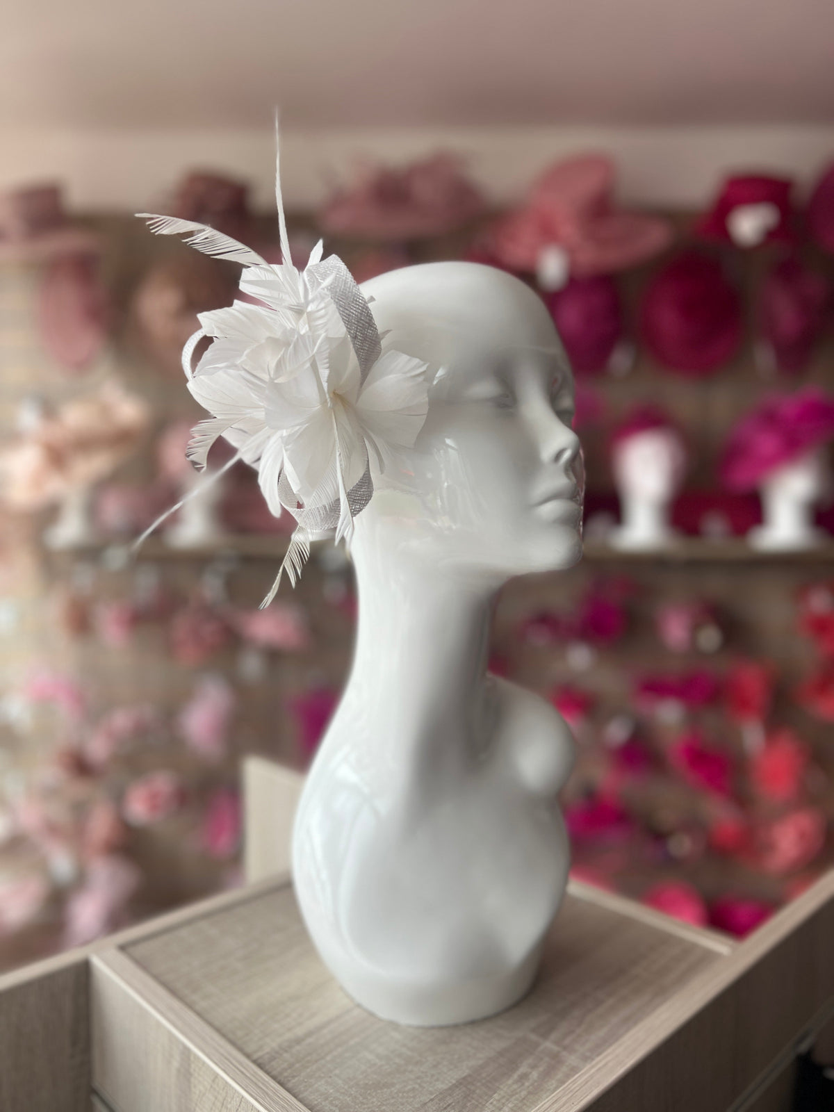 Clip On White Fascinator with Loops &amp; Feather Flower-Fascinators Direct