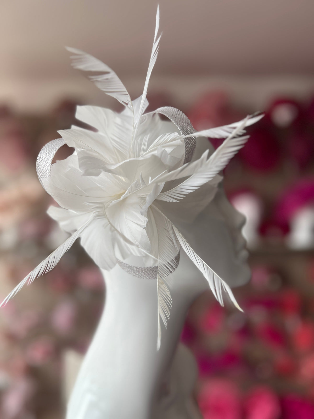 Clip On White Fascinator with Loops &amp; Feather Flower-Fascinators Direct