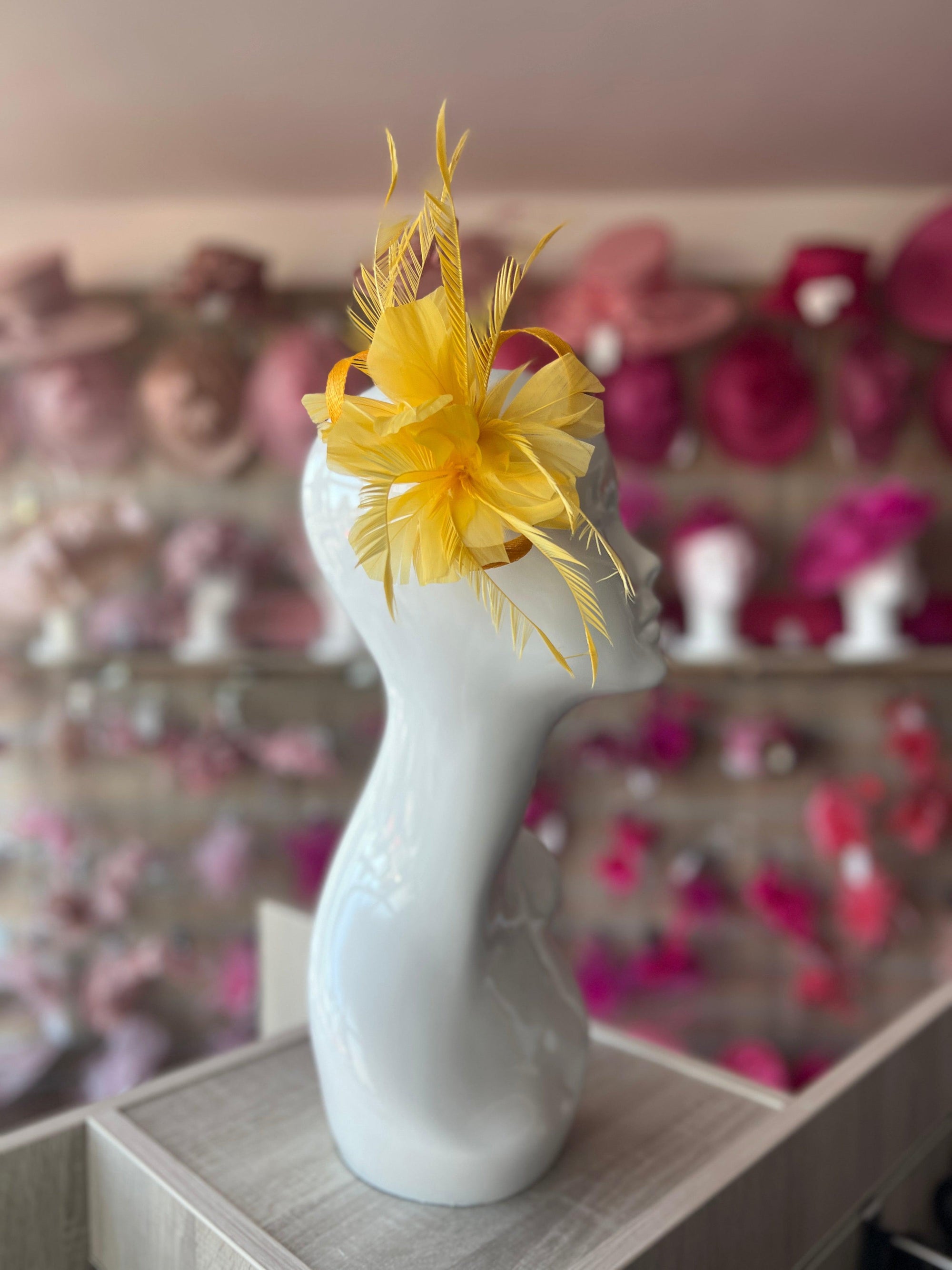 Clip On Yellow Fascinator with Loops & Feather Flower-Fascinators Direct