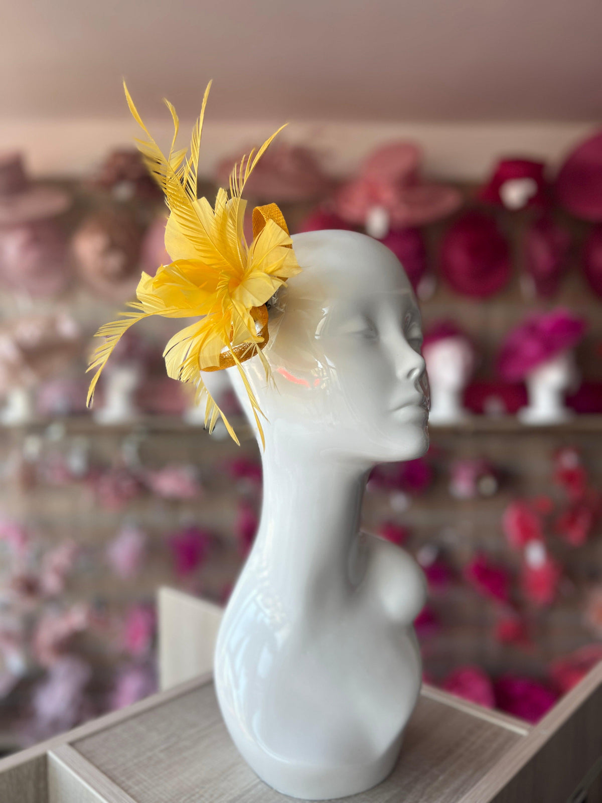 Clip On Yellow Fascinator with Loops &amp; Feather Flower-Fascinators Direct