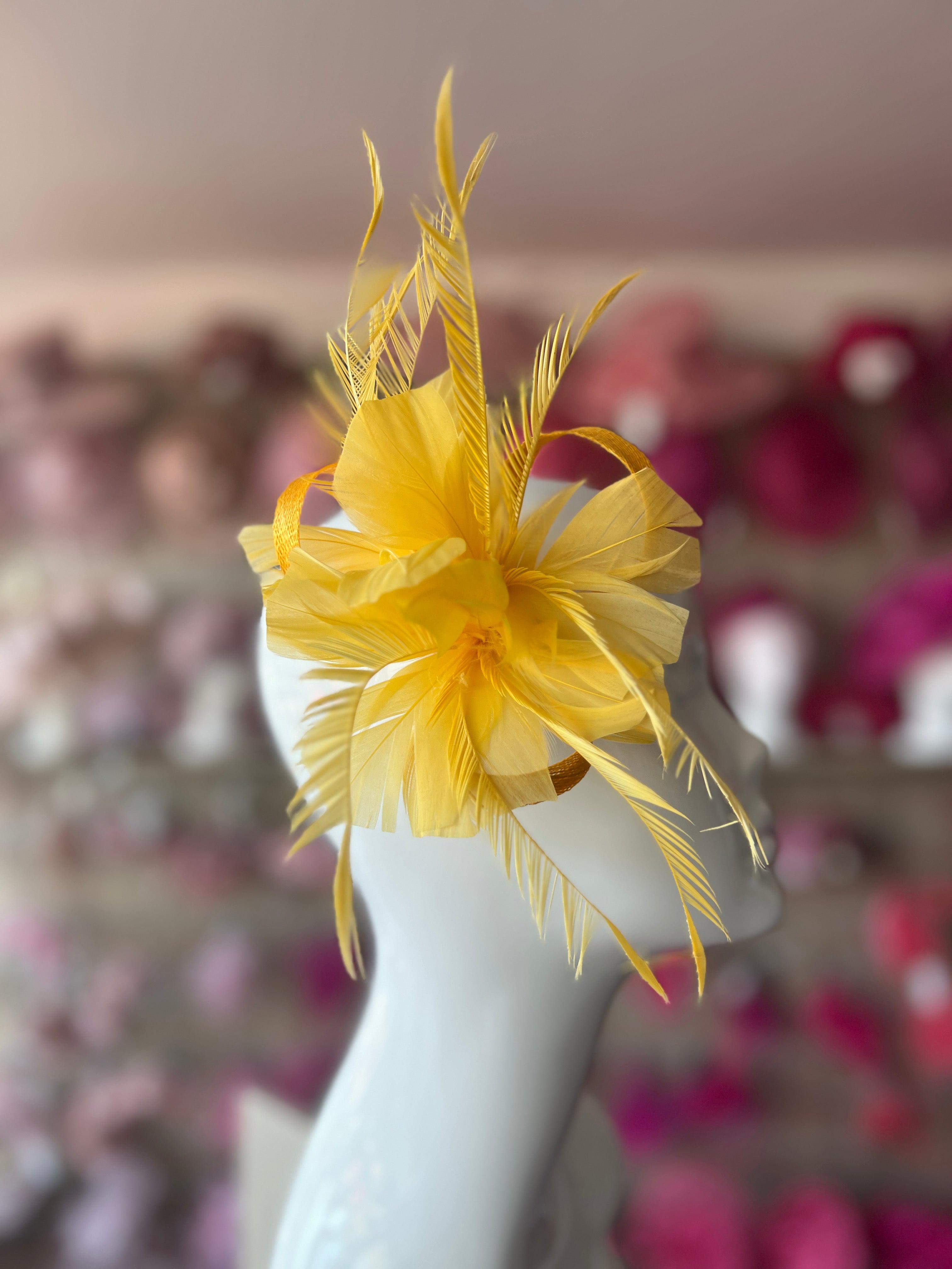 Clip On Yellow Fascinator with Loops & Feather Flower
