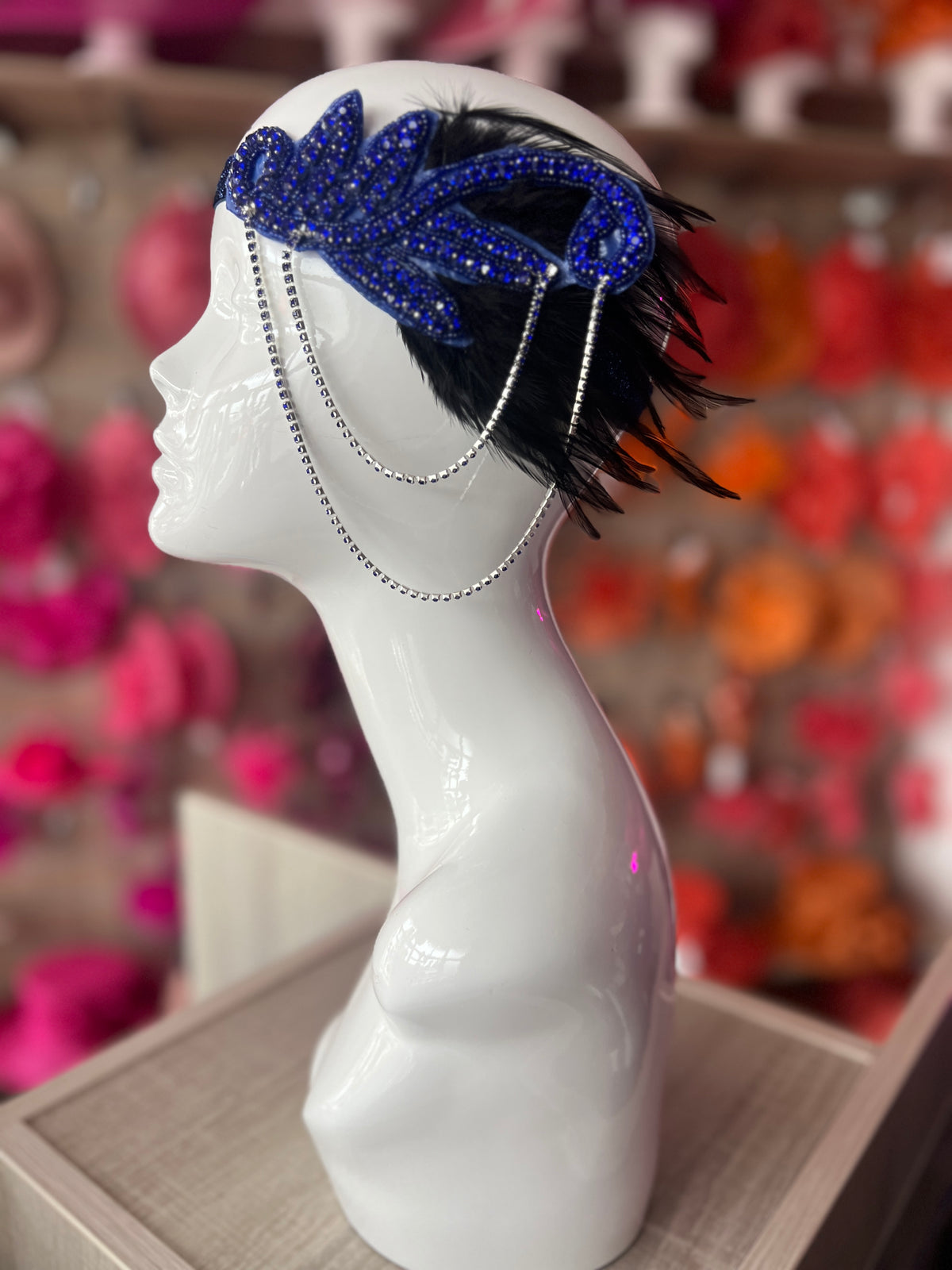 Amangul Feather Flapper Headbands 1920s Prom Queen Headpiece For Special EventWedding Engagement Night Headwear Hair Styling(Navy Blue